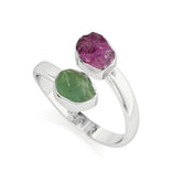 green-tourmaline-pink-tourmaline rough shape stackable bezel-set ring