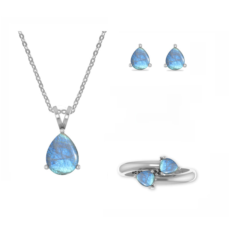 rainbow moonstone pear shape bezel Jewelry set