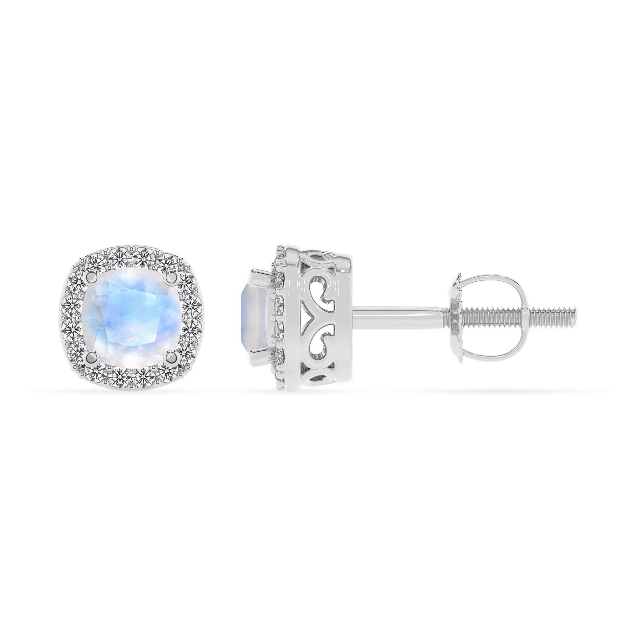 natural rainbow moonstone cushion stud earrings with moissanite 