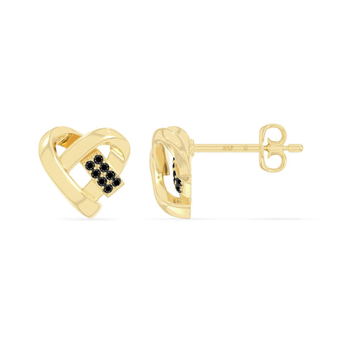 natural black-onyx ribbon-heart stud earrings in yellow gold vermeil 