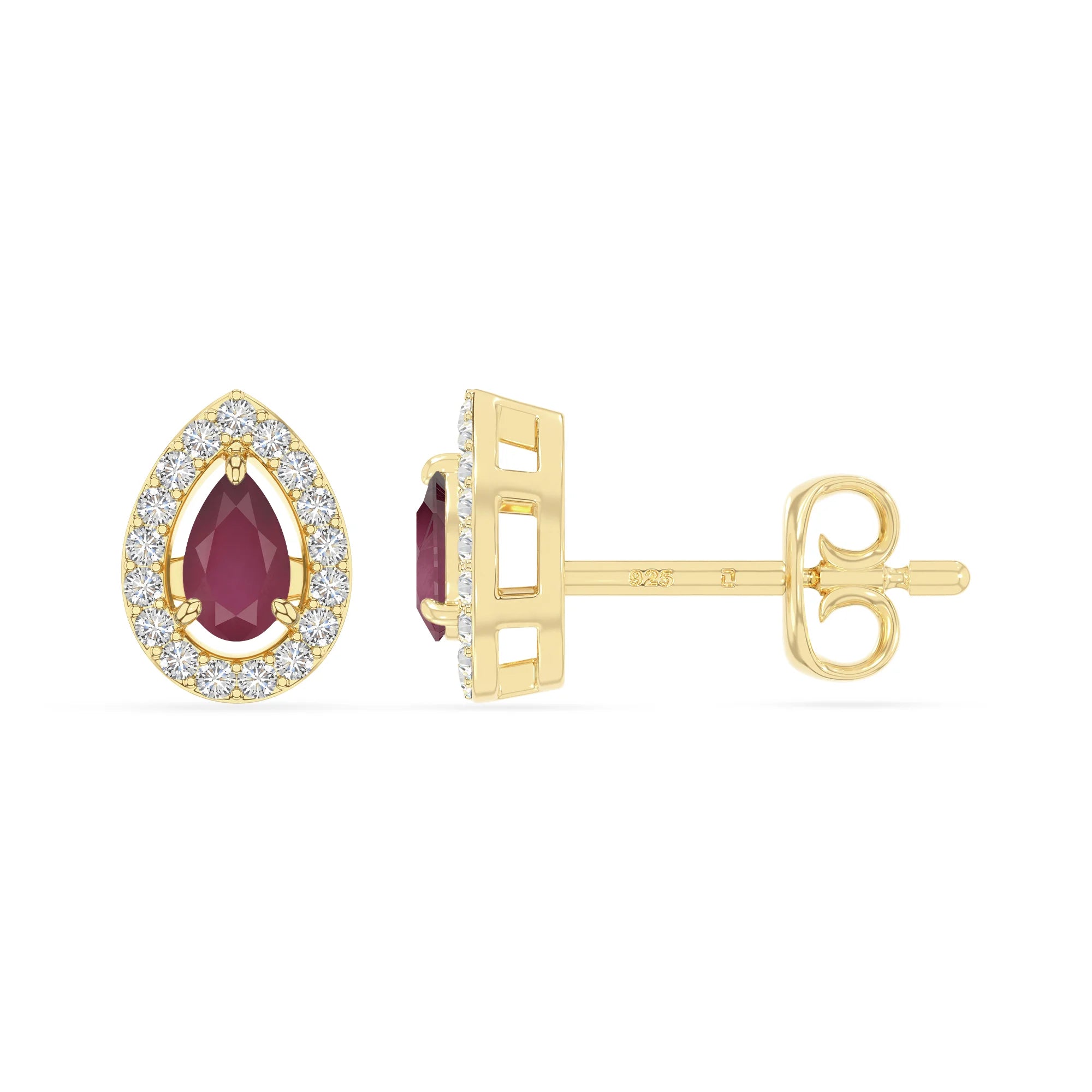 natural ruby halo stud earrings in yellow gold vermeil 