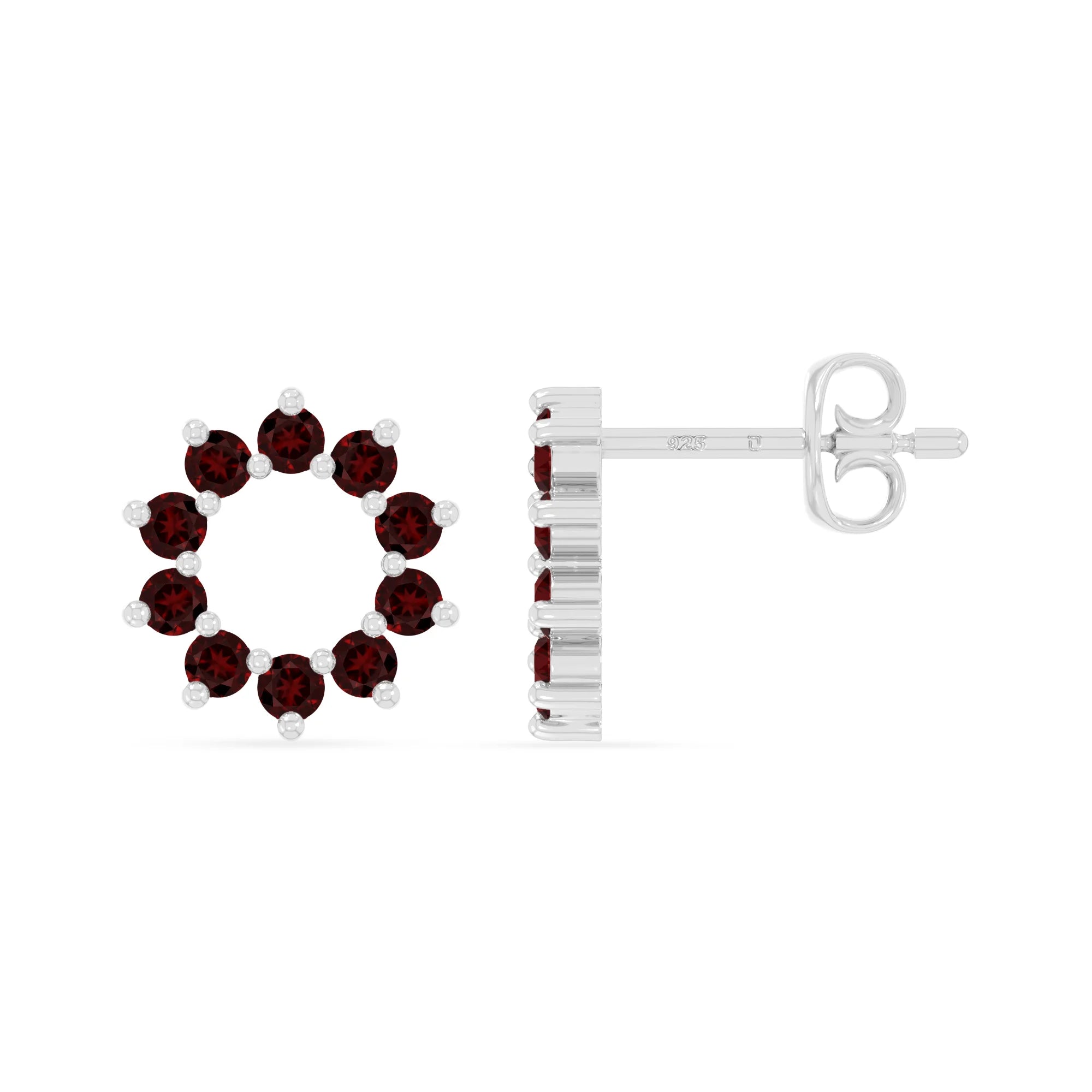 natural garnet sun stud earrings in sterling silver 