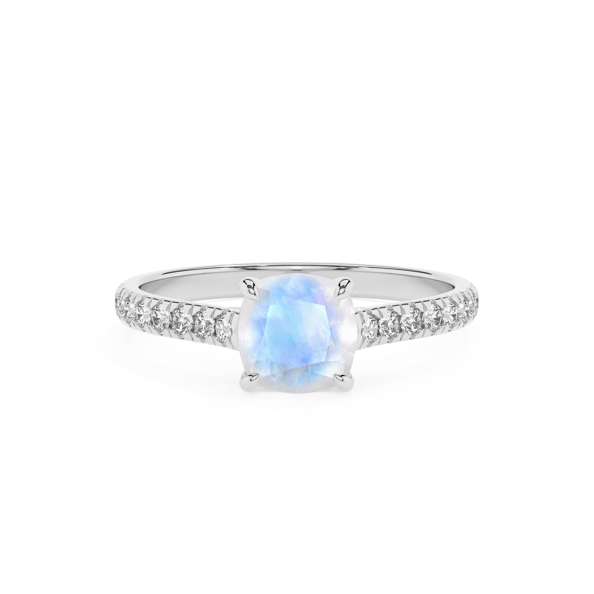 natural rainbow-moonstone cushion half eterity solitaire engagement ring