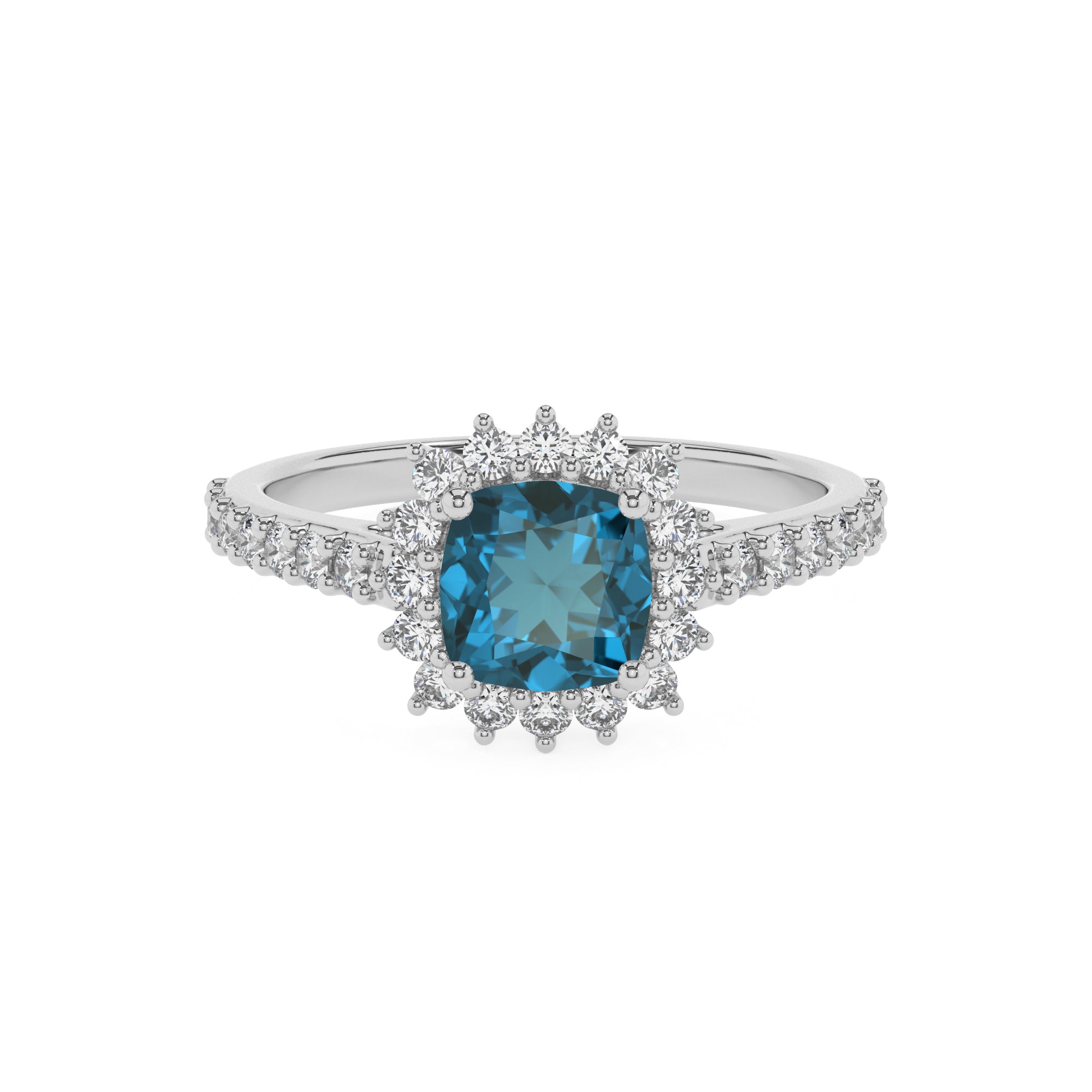 natural london blue topaz cushion half eterity halo solitaire engagement ring