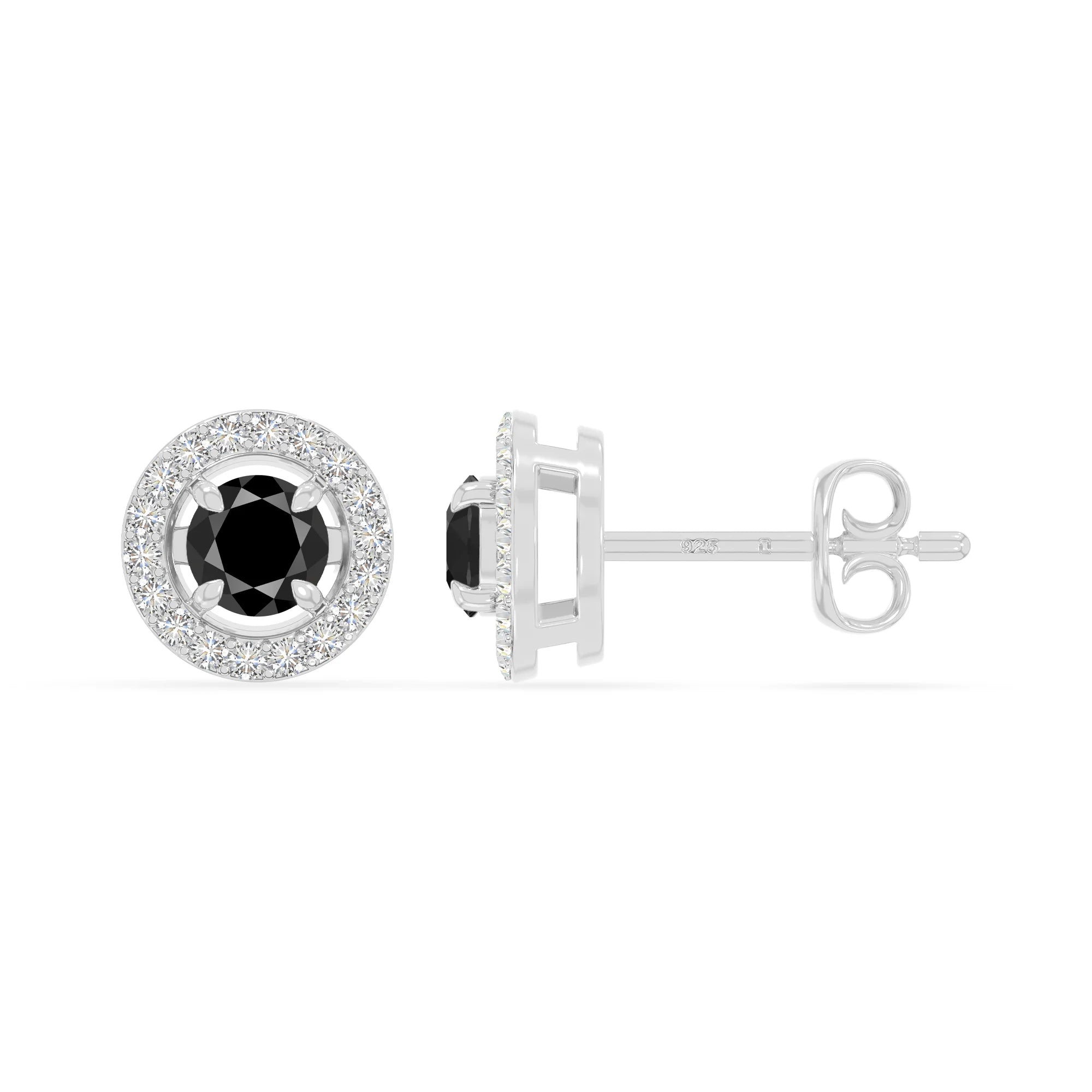 natural black-onyx halo stud earrings in sterling silver 