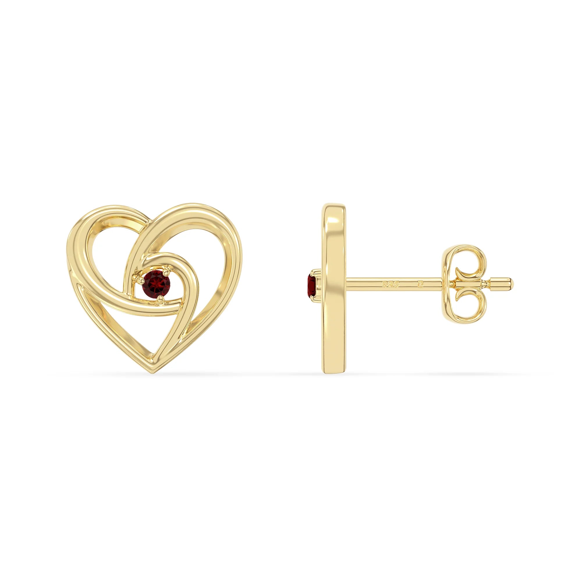 natural garnet heart stud earrings in yellow gold vermeil 
