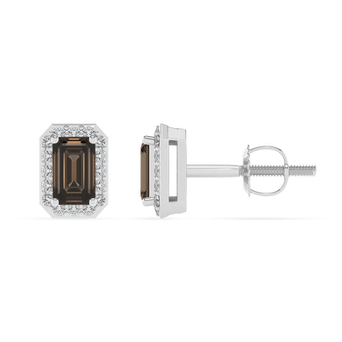 natural smoky quartz emerald cut stud earrings with moissanite 