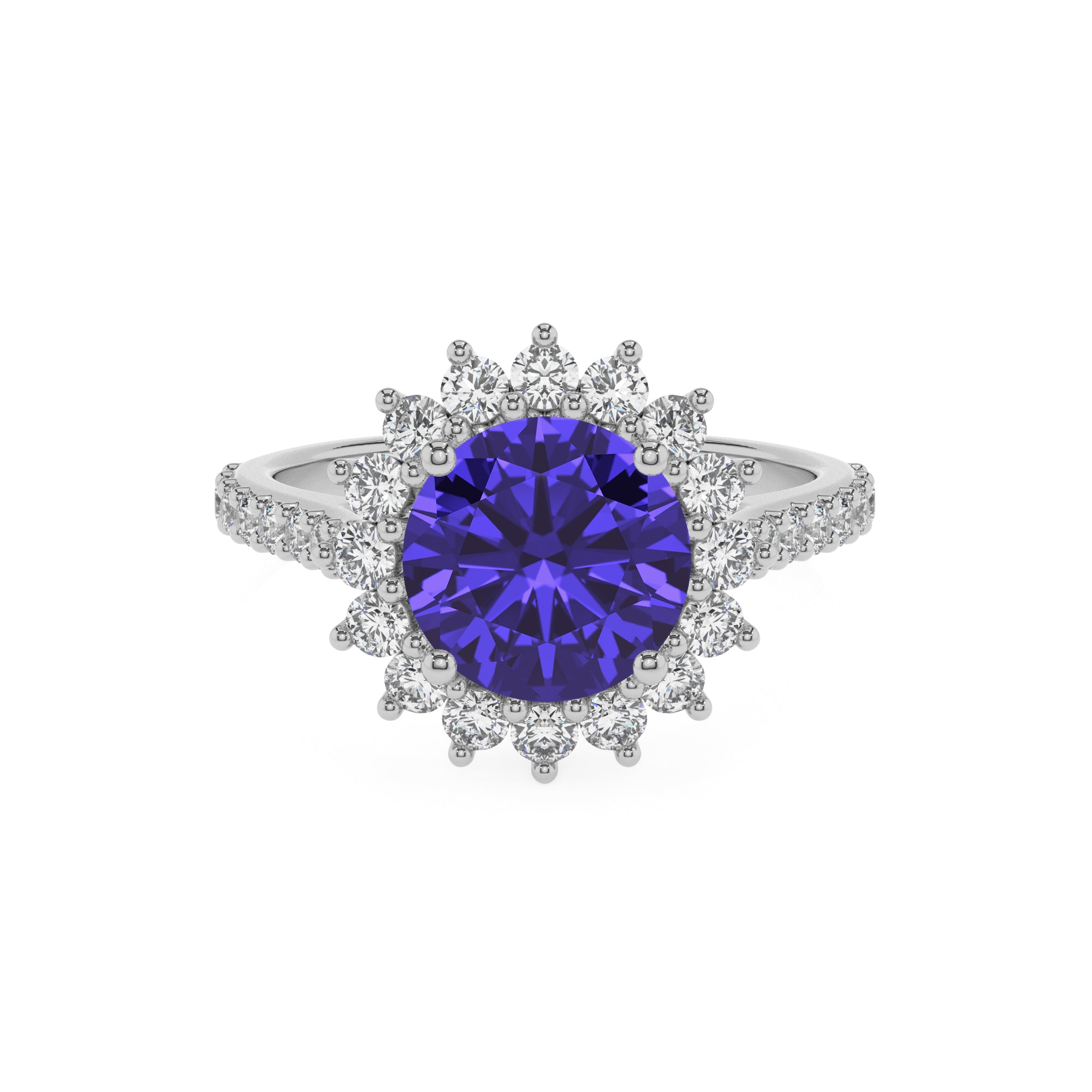 lab-grown tanzanite round half eterity halo solitaire engagement ring