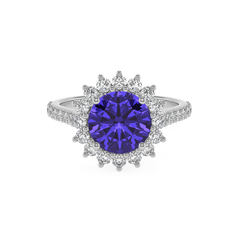 lab-grown tanzanite round half eterity halo solitaire engagement ring