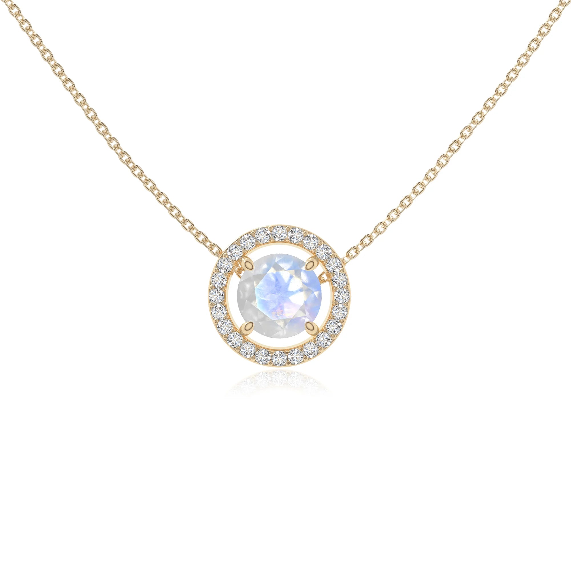 rainbow moonstone solitaire halo necklaces in yellow gold vermeil 