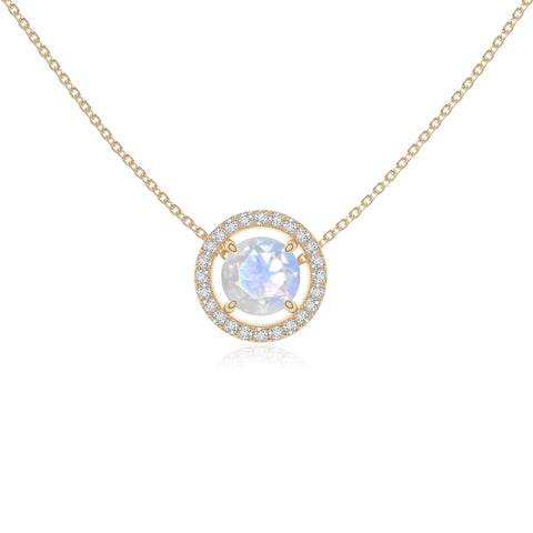rainbow moonstone solitaire halo necklaces in yellow gold vermeil 