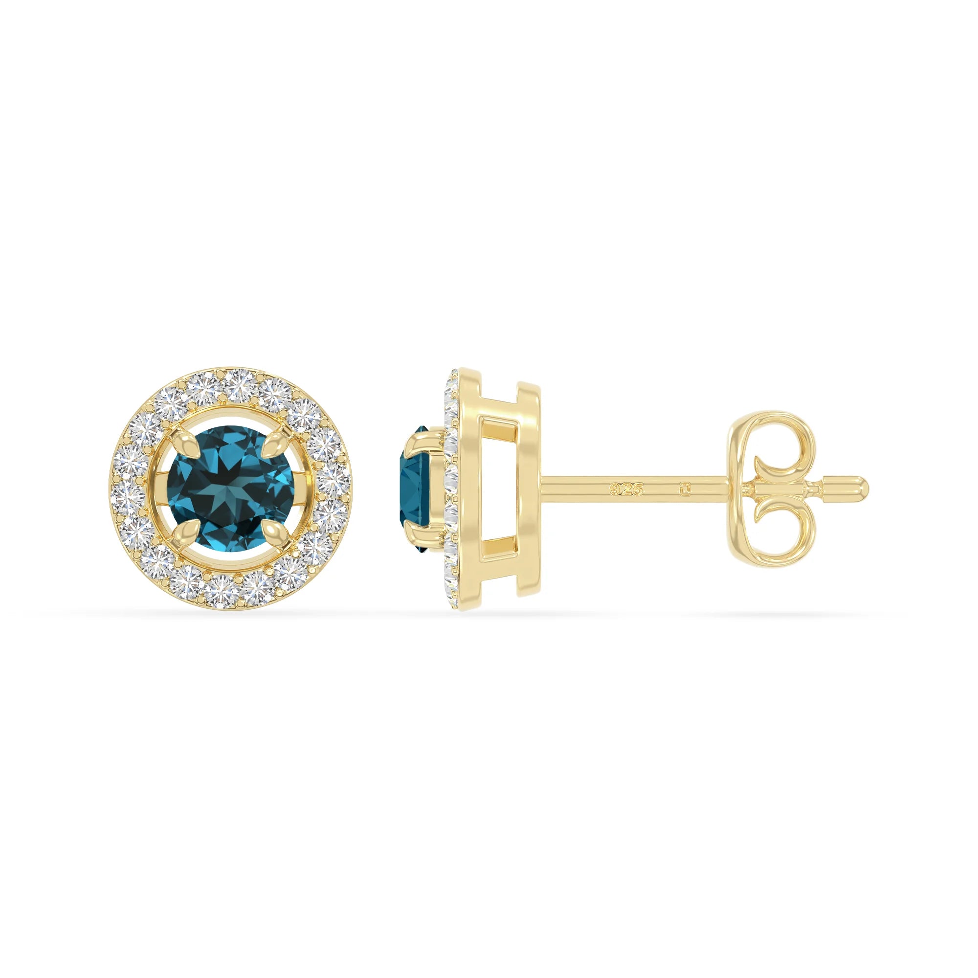 natural london-blue-topaz halo stud earrings in yellow gold vermeil 