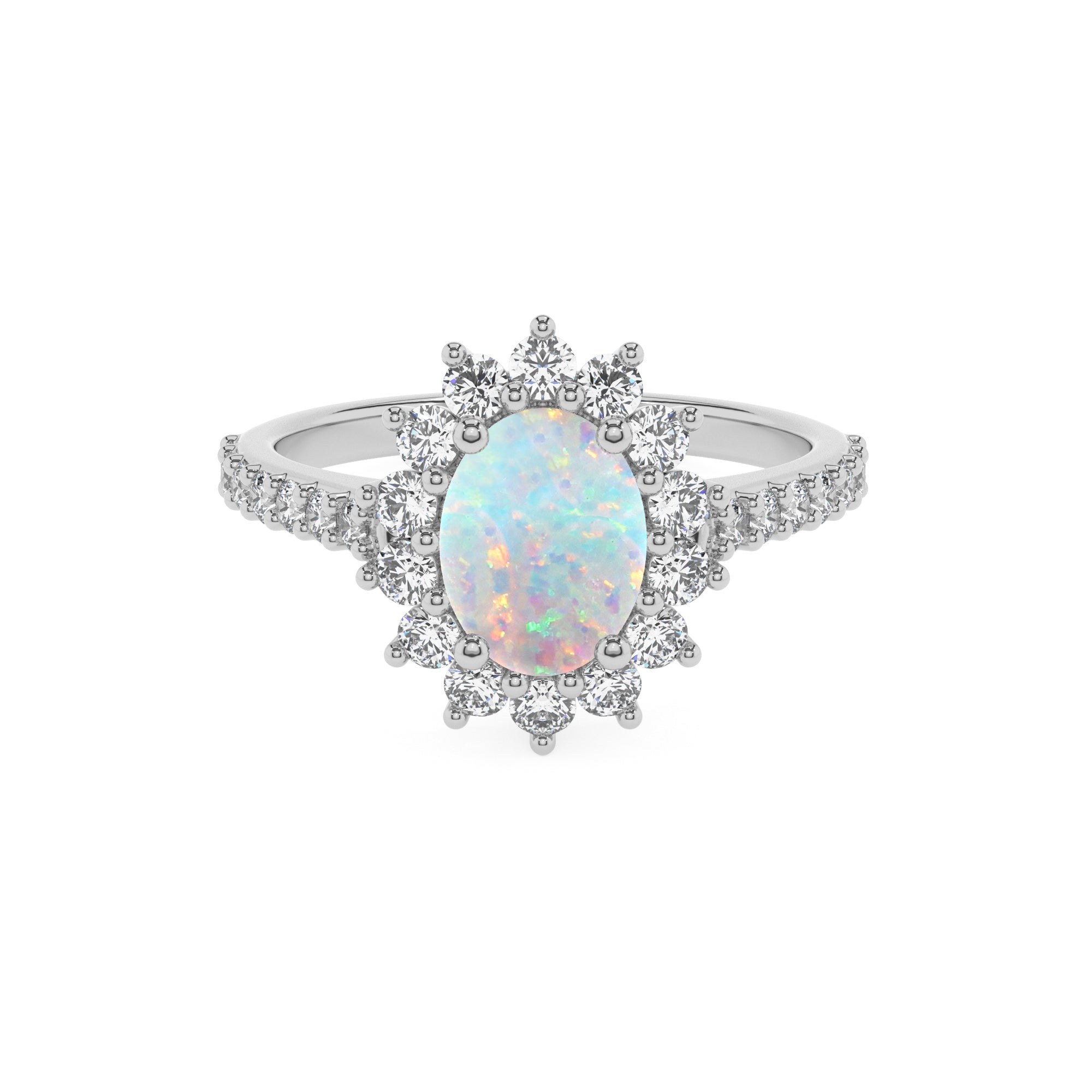 lab grown opal oval half eterity halo solitaire engagement ring