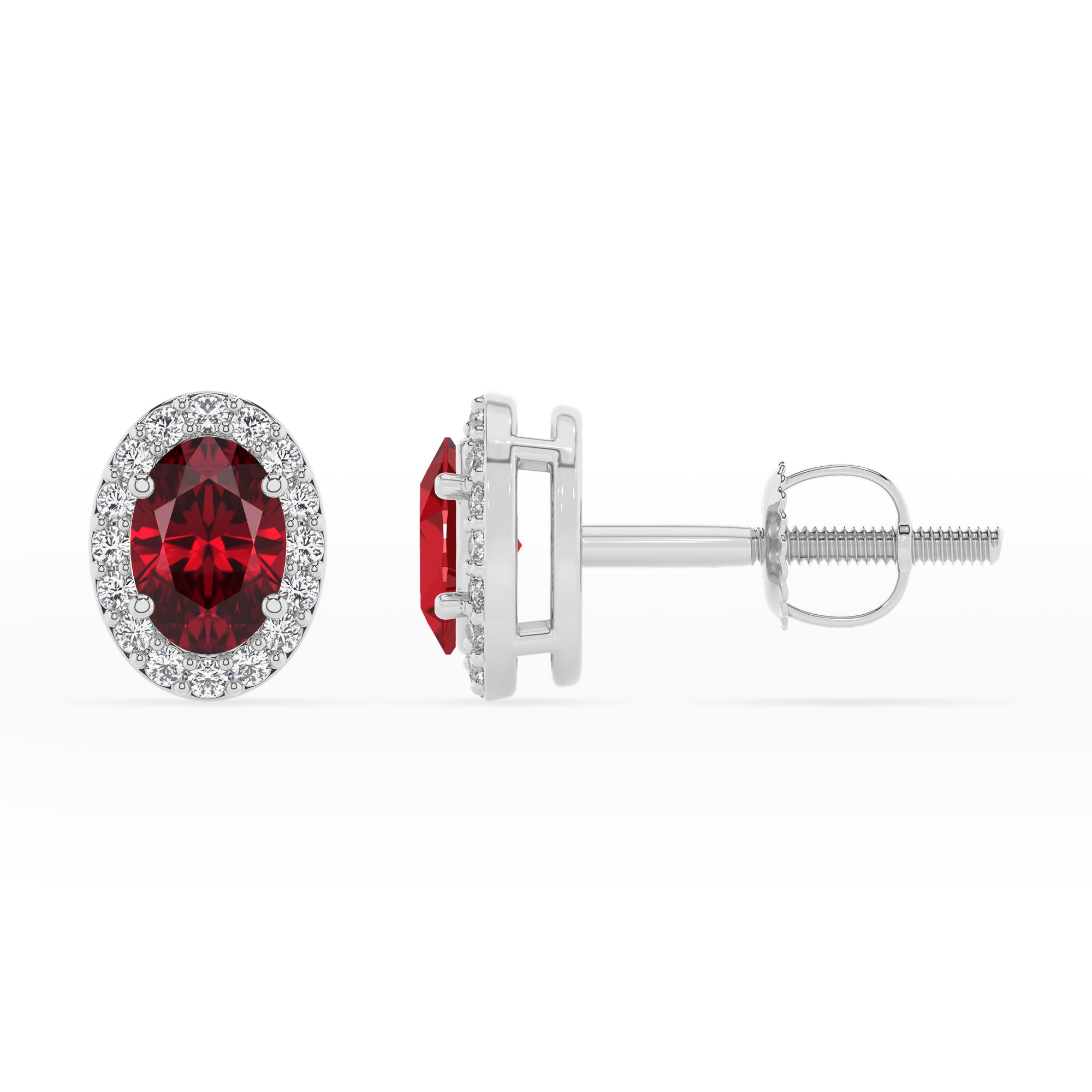 lab grown ruby oval stud earrings with moissanite 