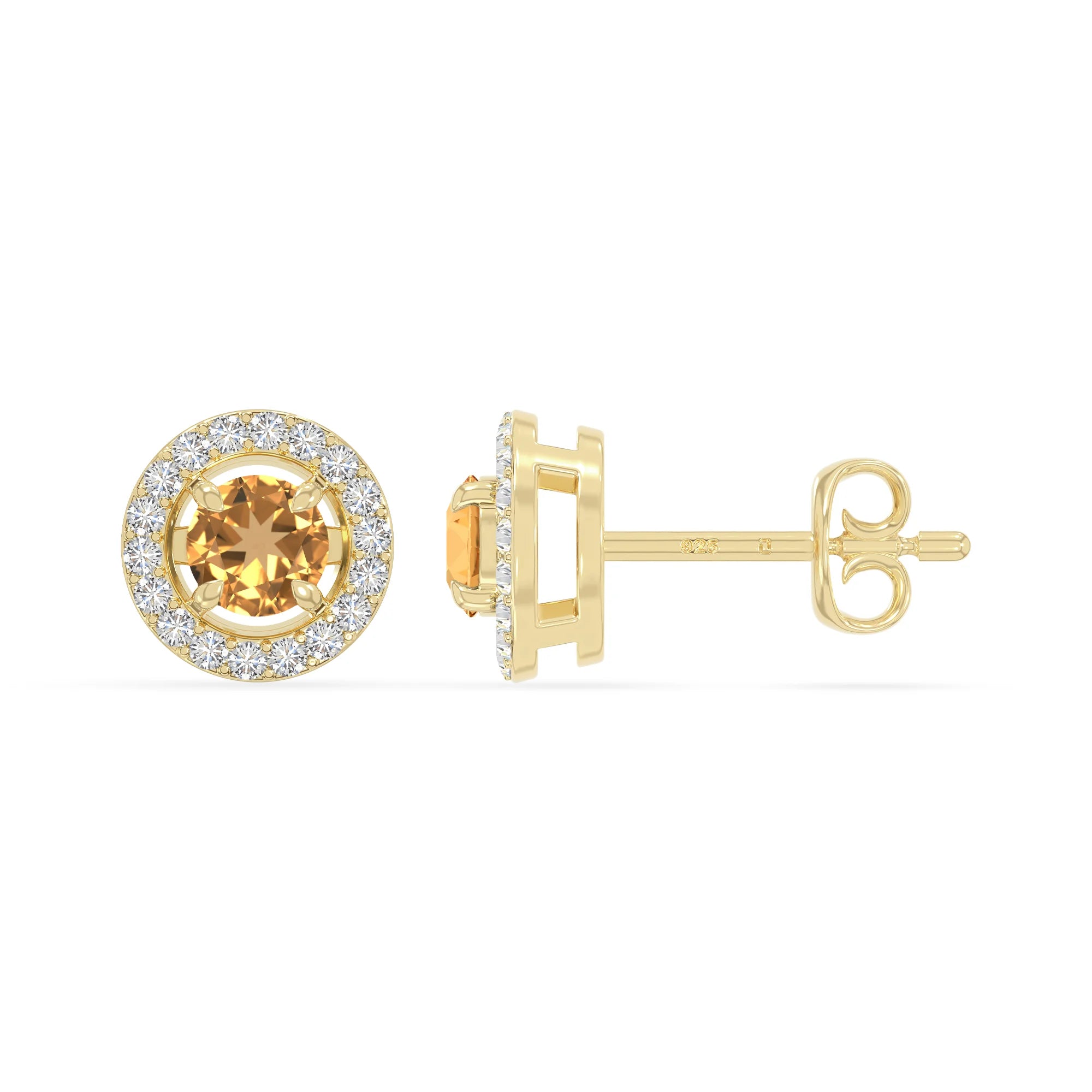 natural citrine halo stud earrings in yellow gold vermeil 