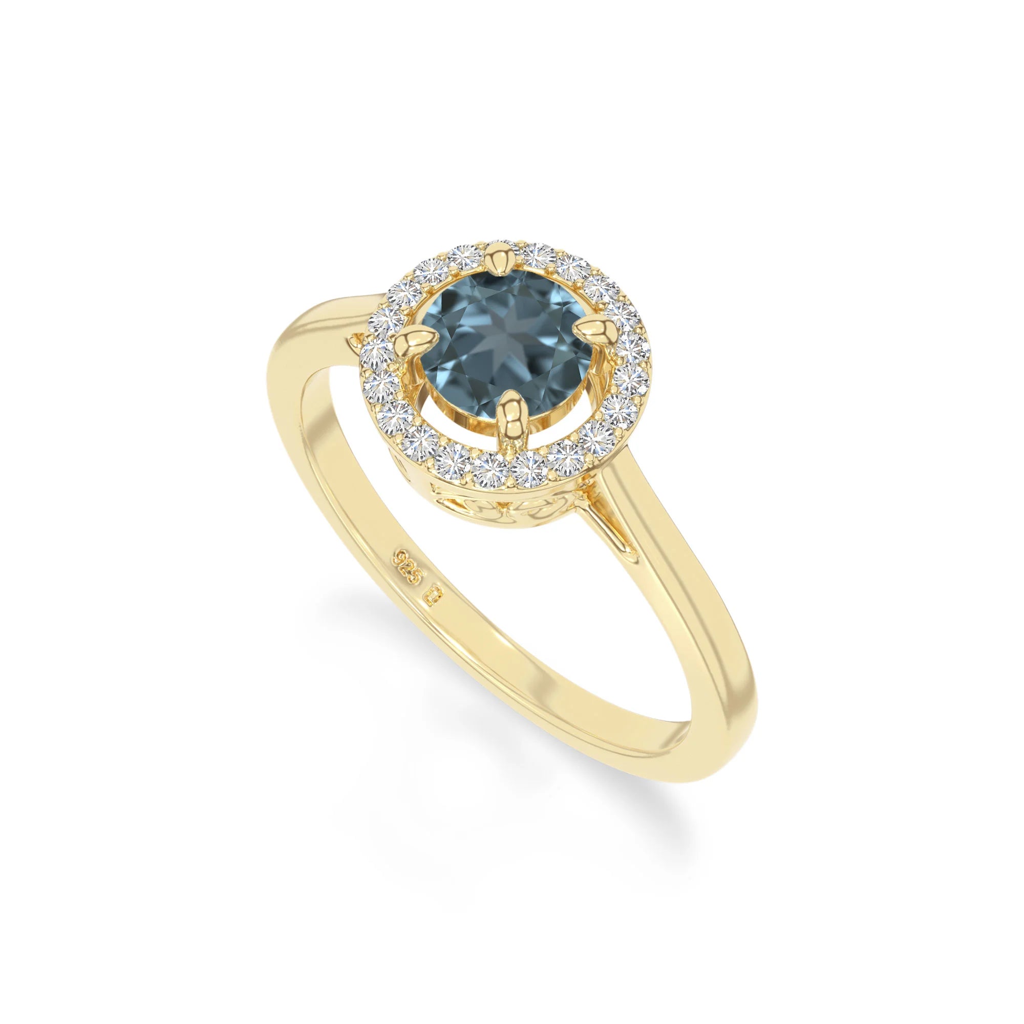 natural london blue topaz solitaire halo engagement rings in yellow gold vermeil
