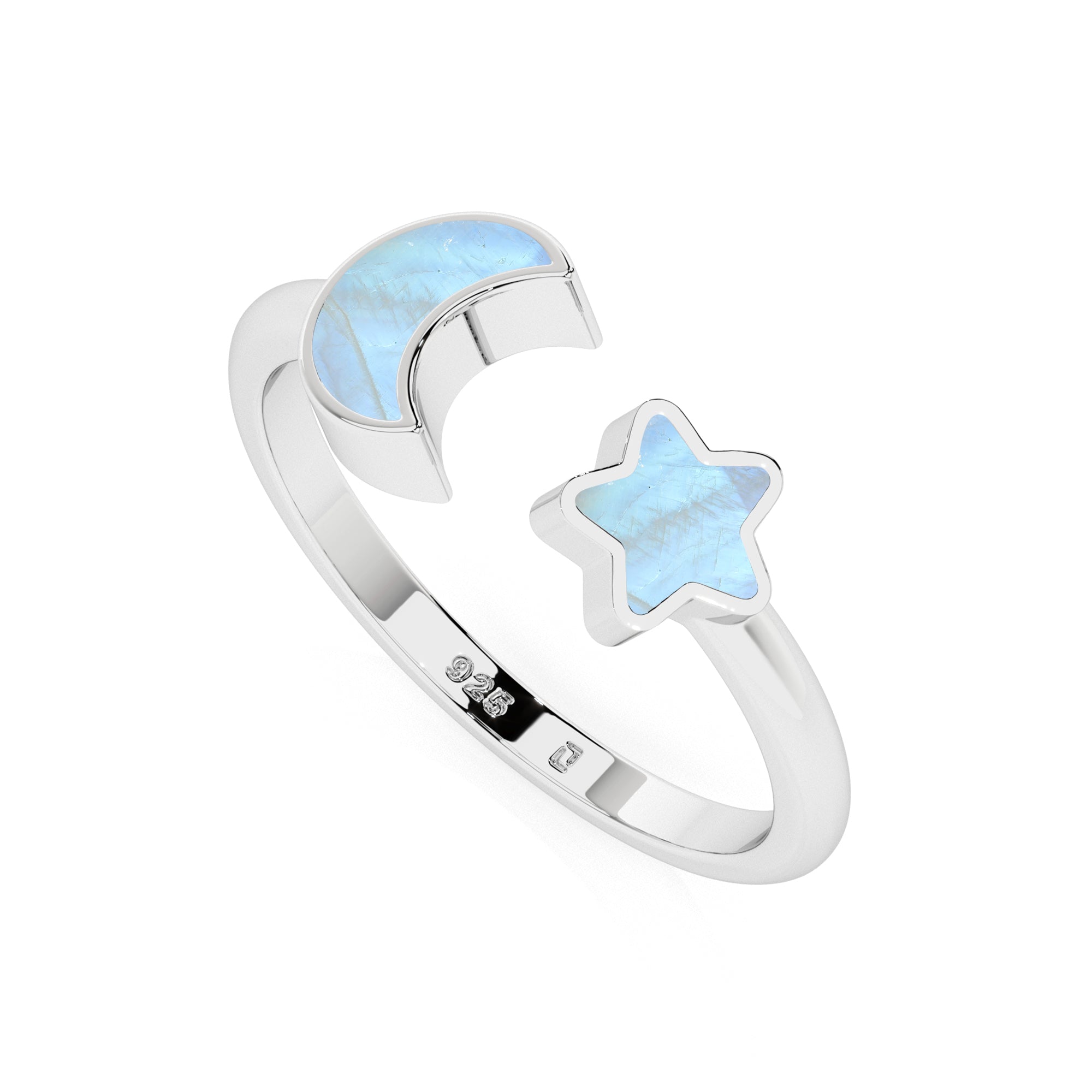 rainbow moonstone moon, star shape stackable bezel-set ring