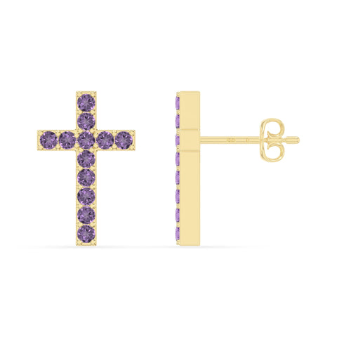 natural amethyst cross stud earrings in yellow gold vermeil 