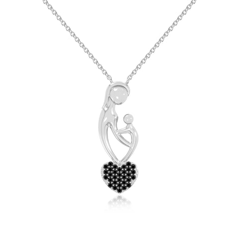 natural black-onyx mother child heart necklaces in sterling silver 
