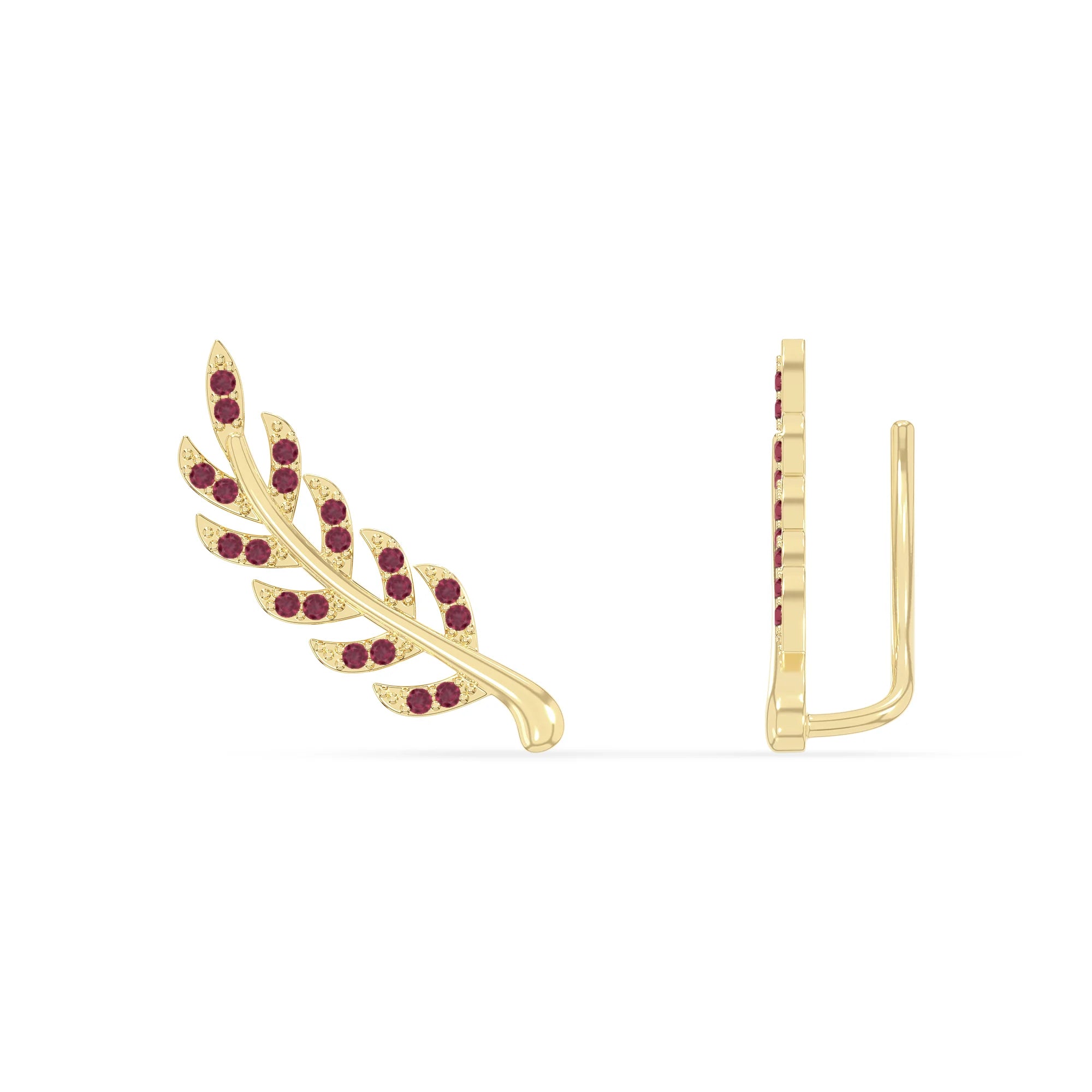 natural ruby leaf climber earrings in yellow gold vermeil 