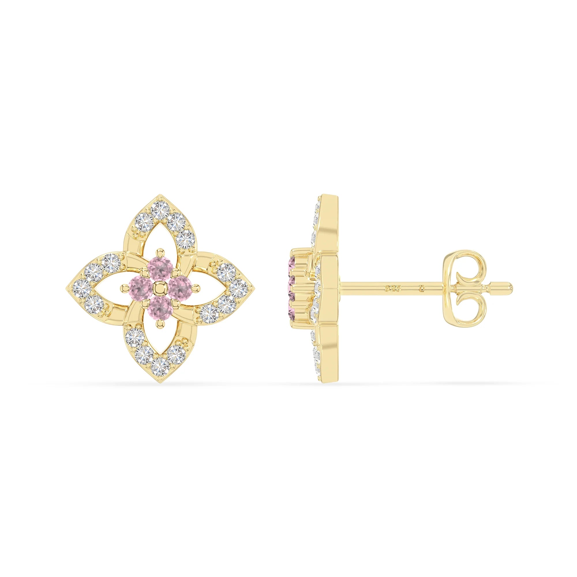 natural pink-tourmaline 4 petal flower stud earrings in yellow gold vermeil 