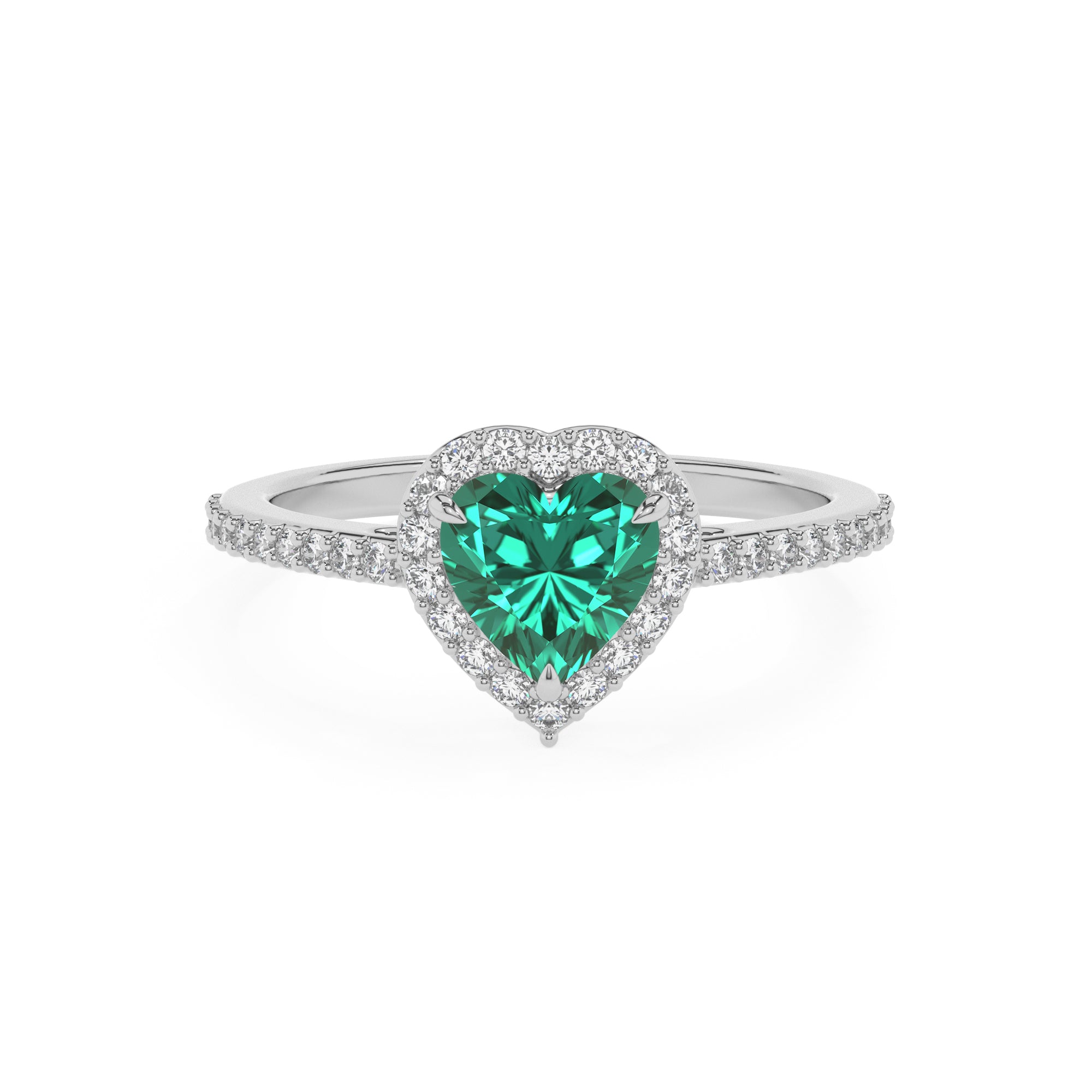 lab-grown emerald heart half eterity halo solitaire engagement ring