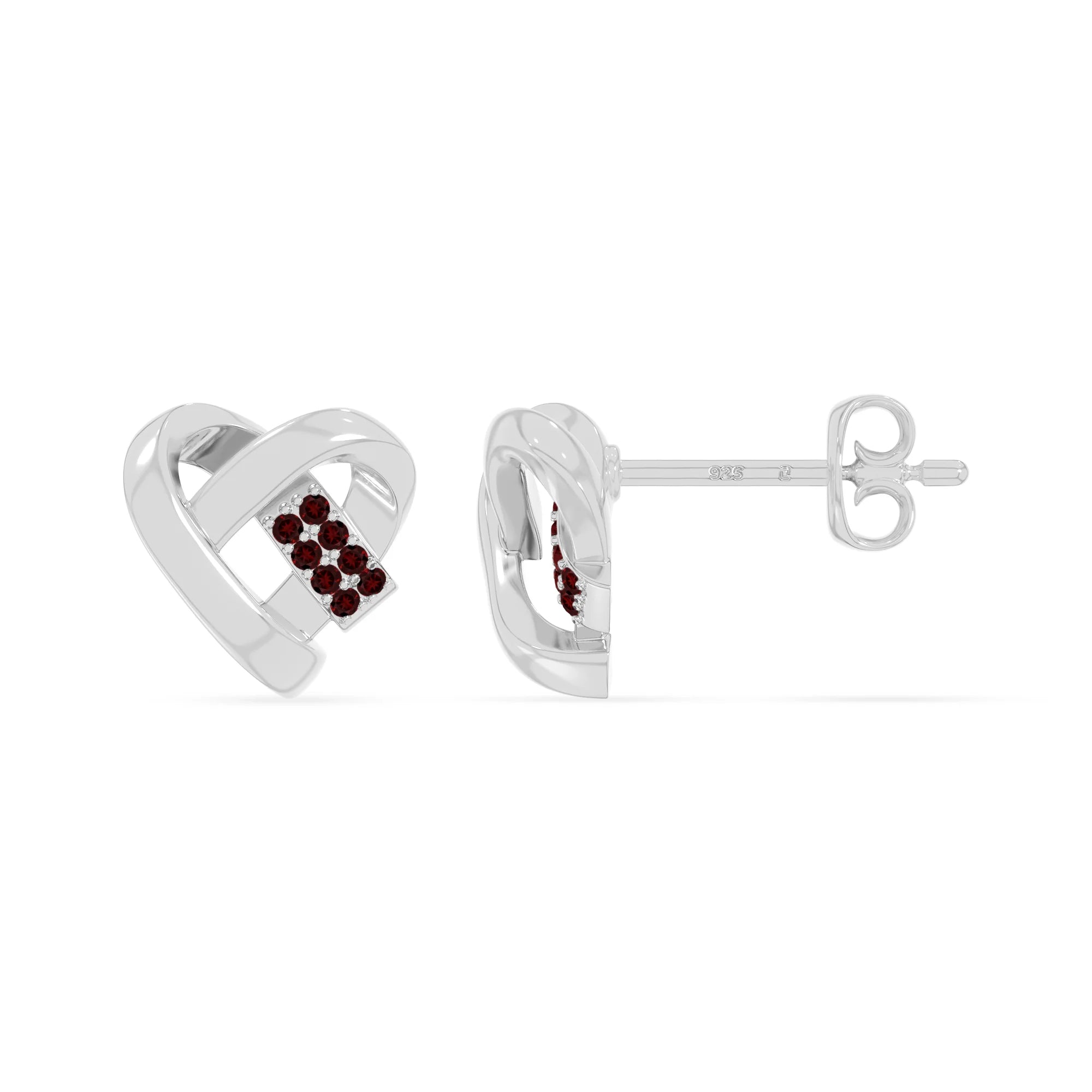 natural garnet ribbon-heart stud earrings in sterling silver 