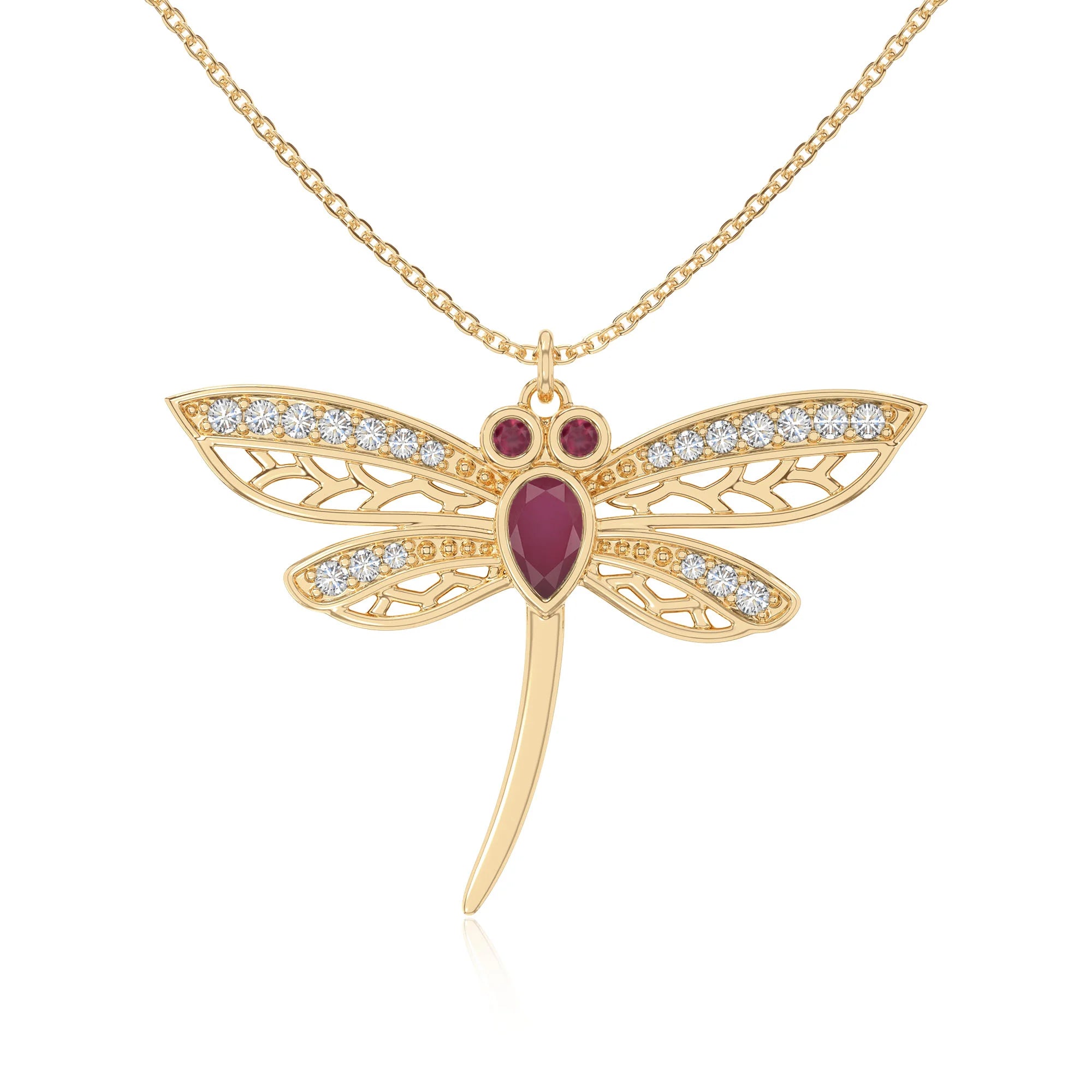 natural ruby dragonfly necklaces in yellow gold vermeil 