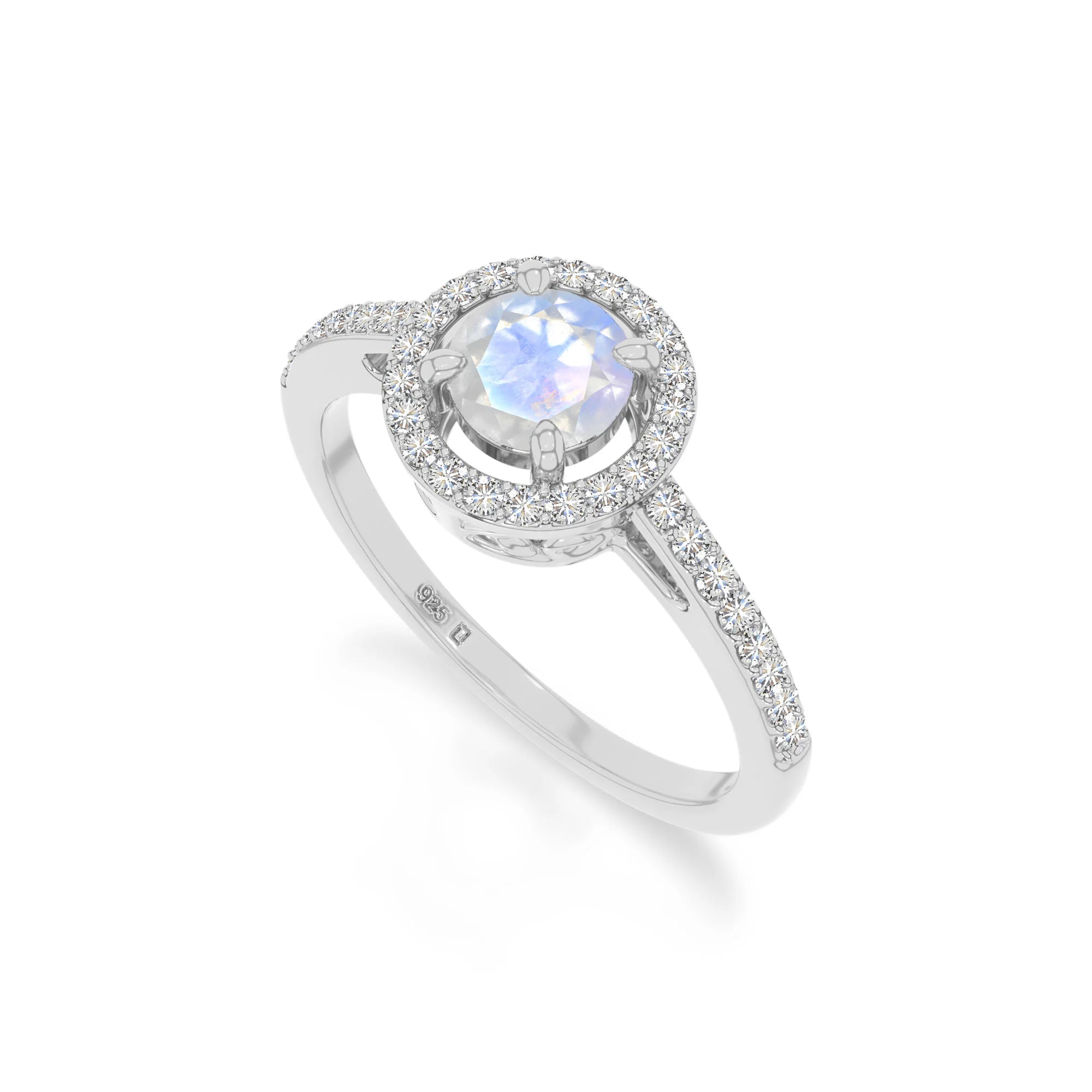natural rainbow moonstone solitaire halo engagement rings in sterling silver 