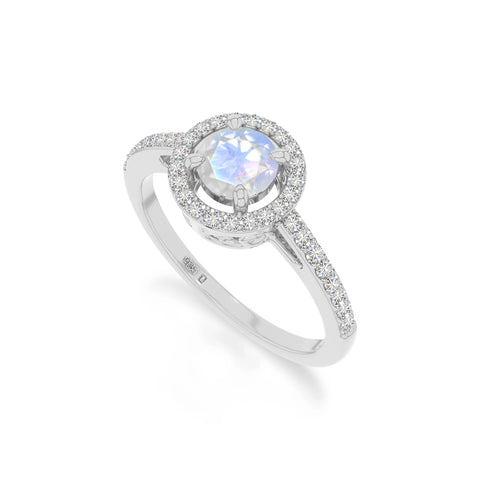 natural rainbow moonstone solitaire halo engagement rings in sterling silver 