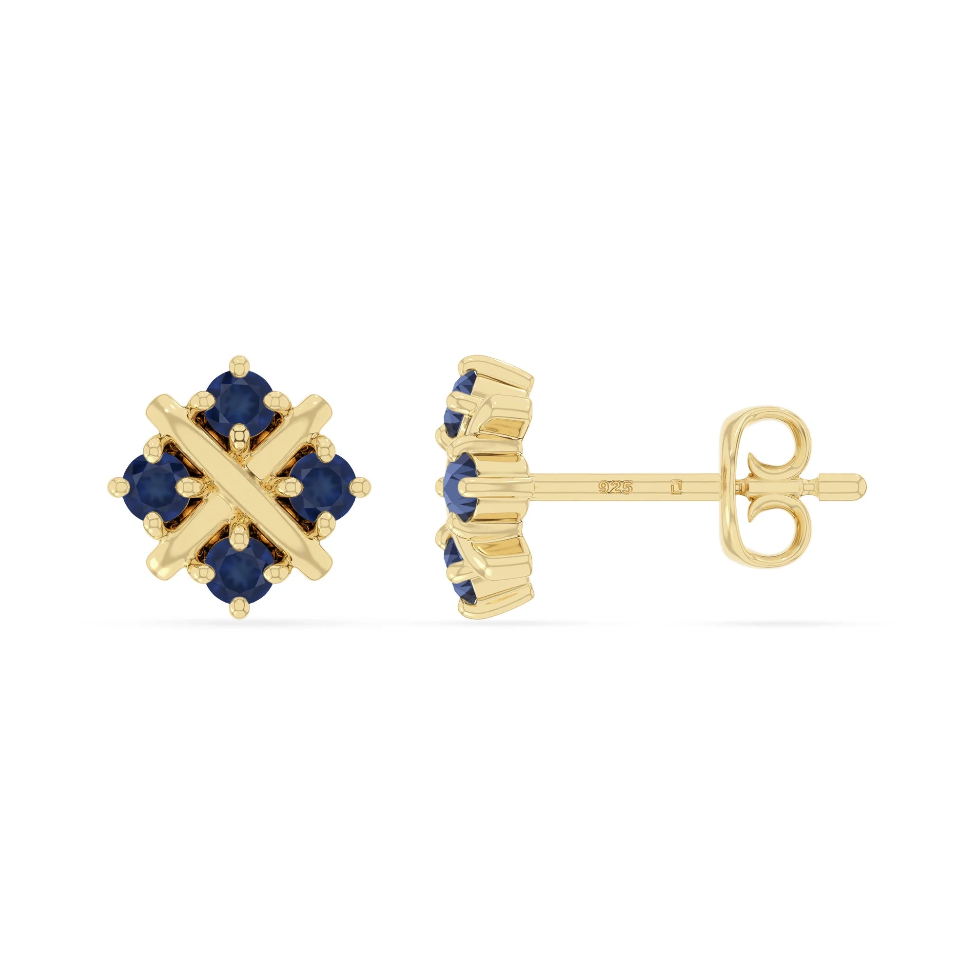 natural blue-sapphire flower stud earrings in yellow gold vermeil 