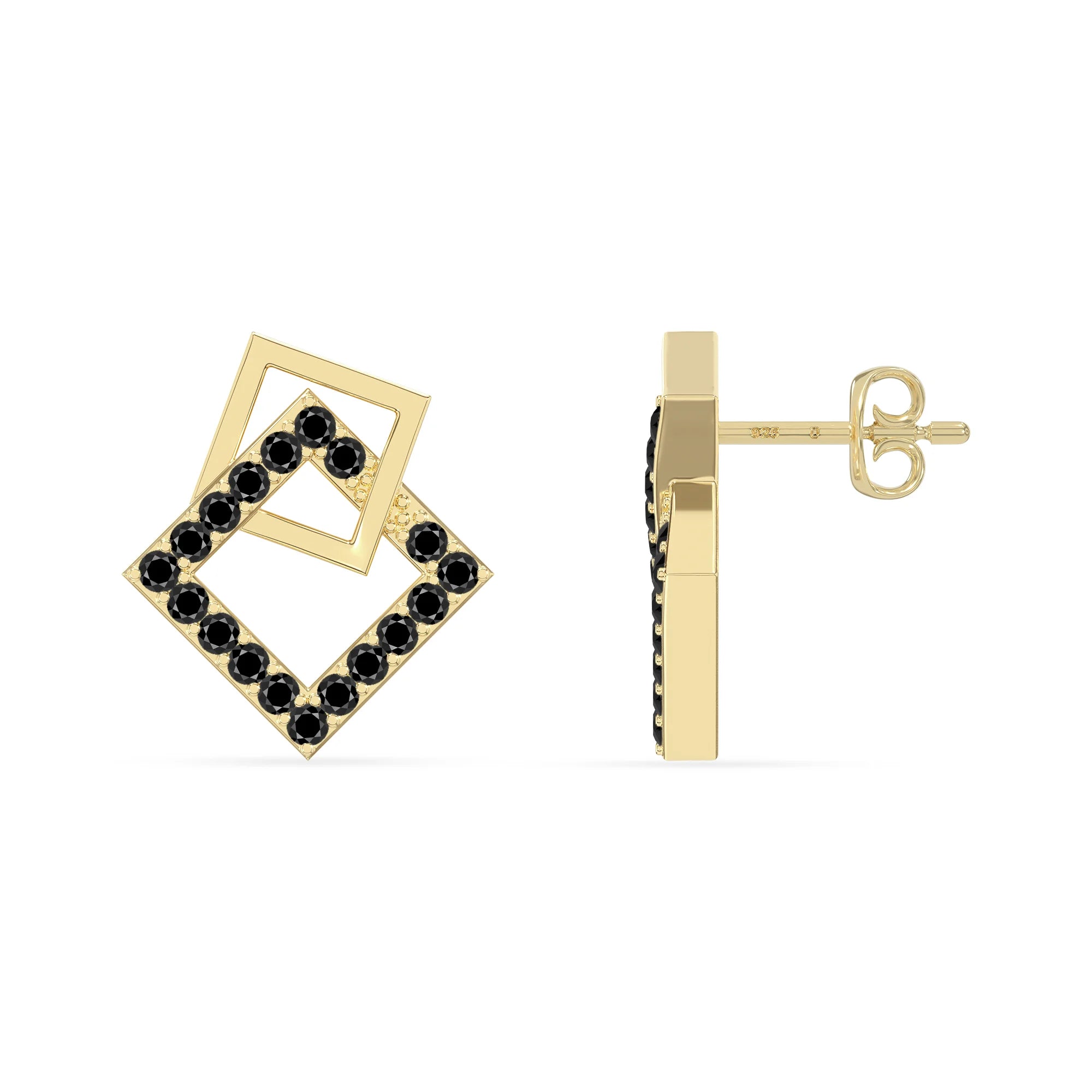 natural black-onyx square stud earrings in yellow gold vermeil 