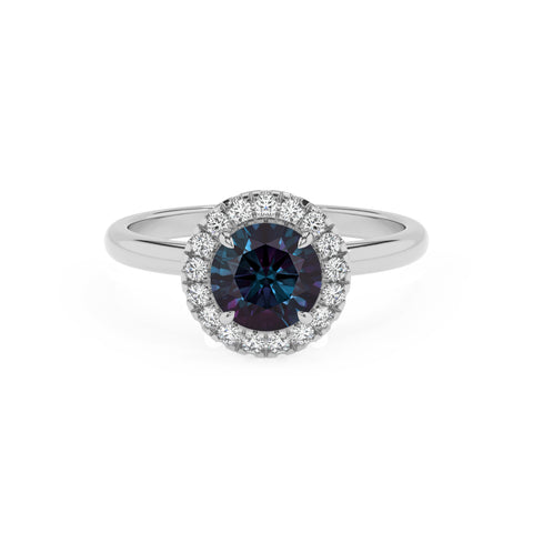 lab grown alexandrite round halo solitaire engagement ring