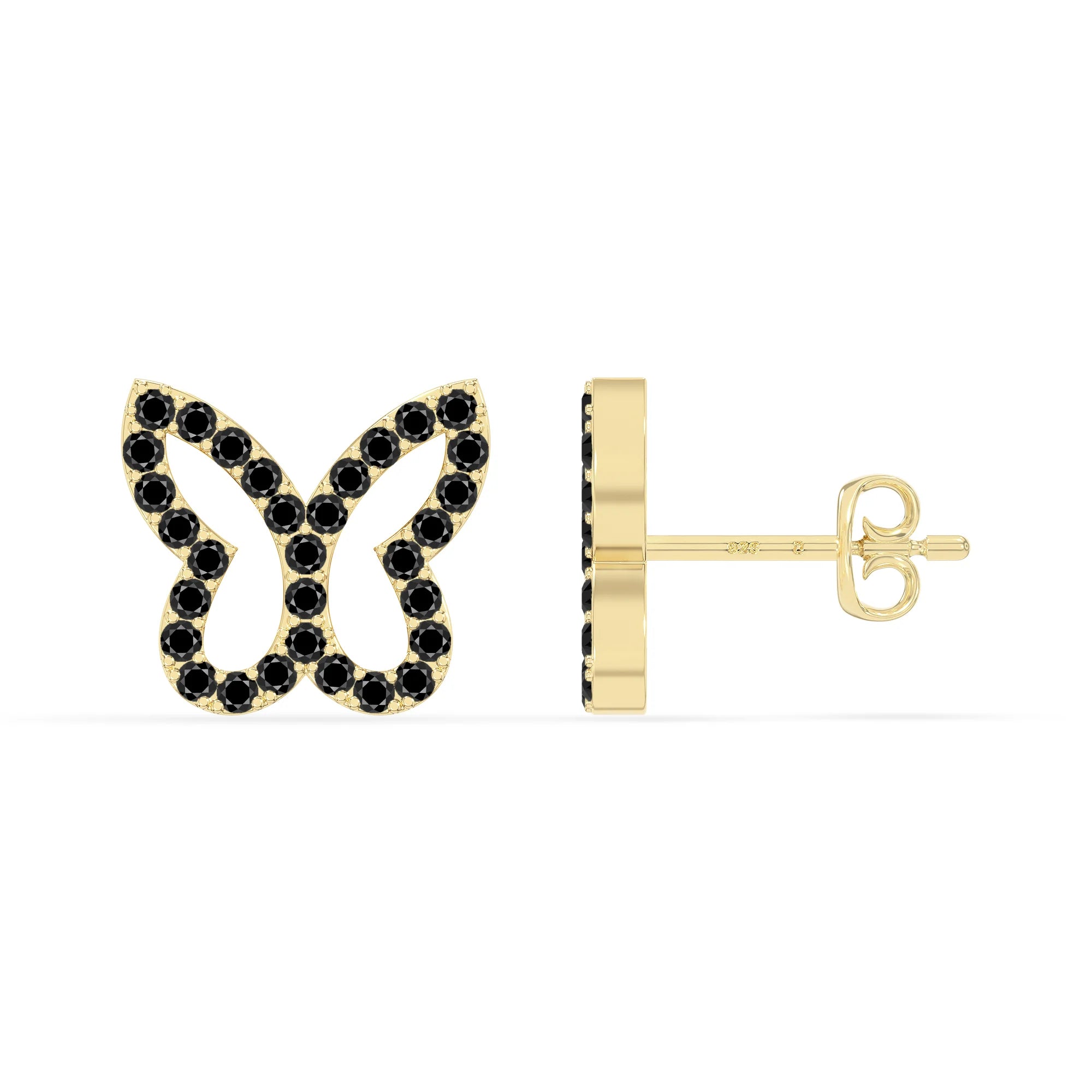 natural black-onyx butterfly stud earrings in yellow gold vermeil 