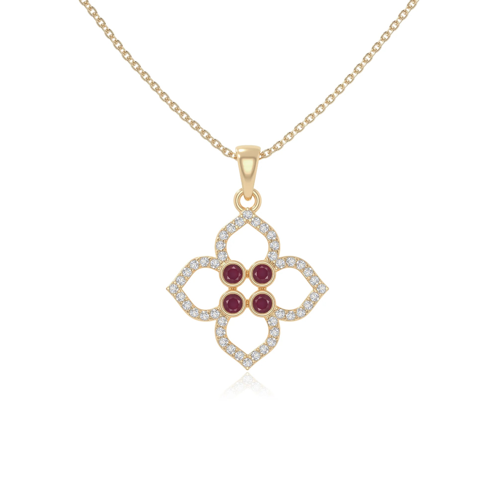 natural ruby 4 petal flower necklaces in yellow gold vermeil 