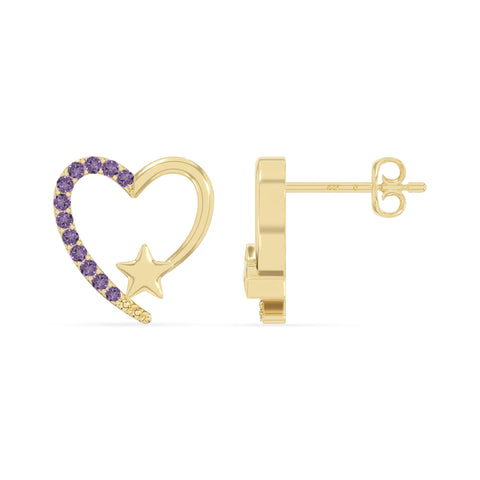 natural amethyst heart-star stud earrings in yellow gold vermeil 