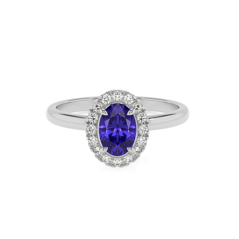 lab-grown tanzanite oval halo solitaire engagement ring