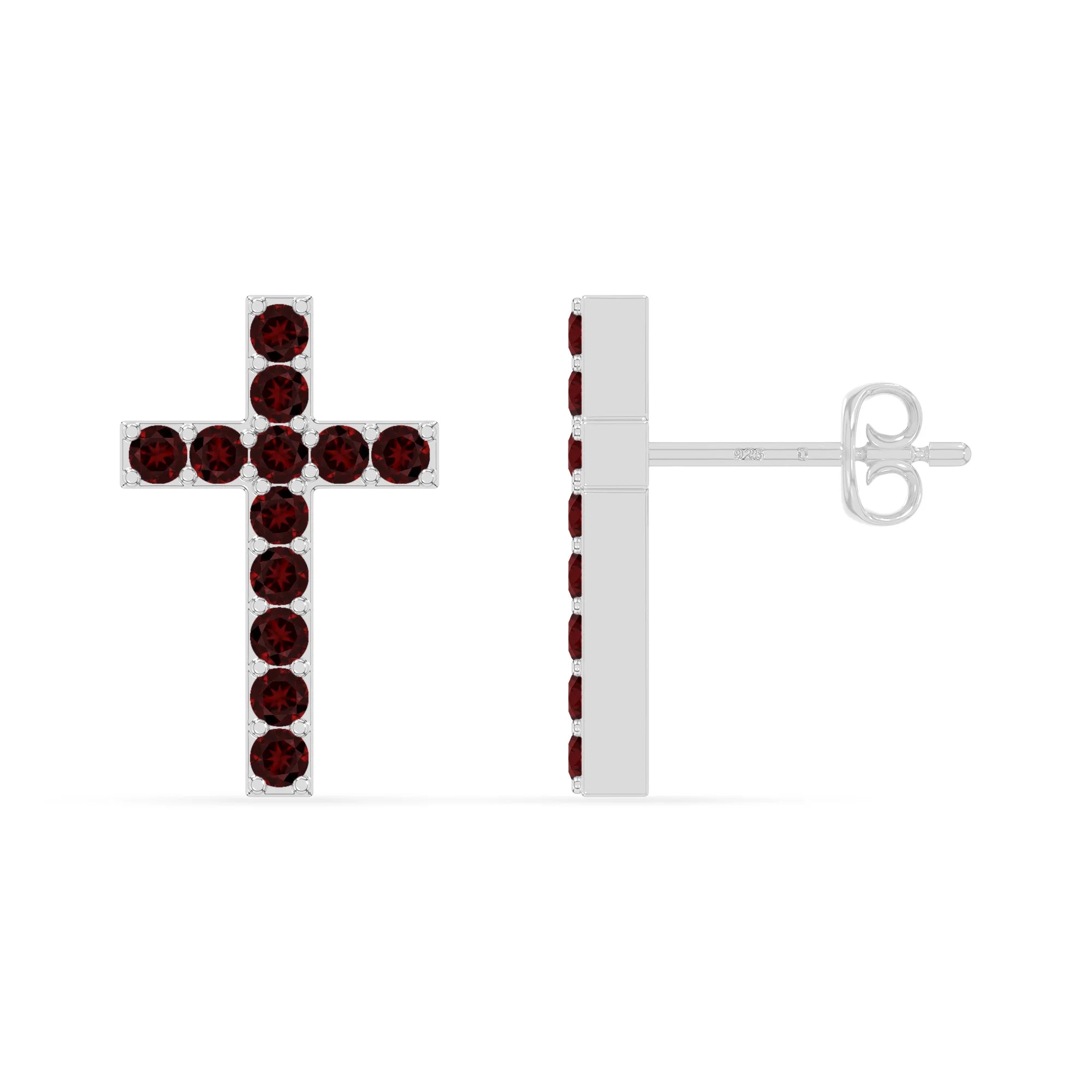 natural garnet cross stud earrings in sterling silver 