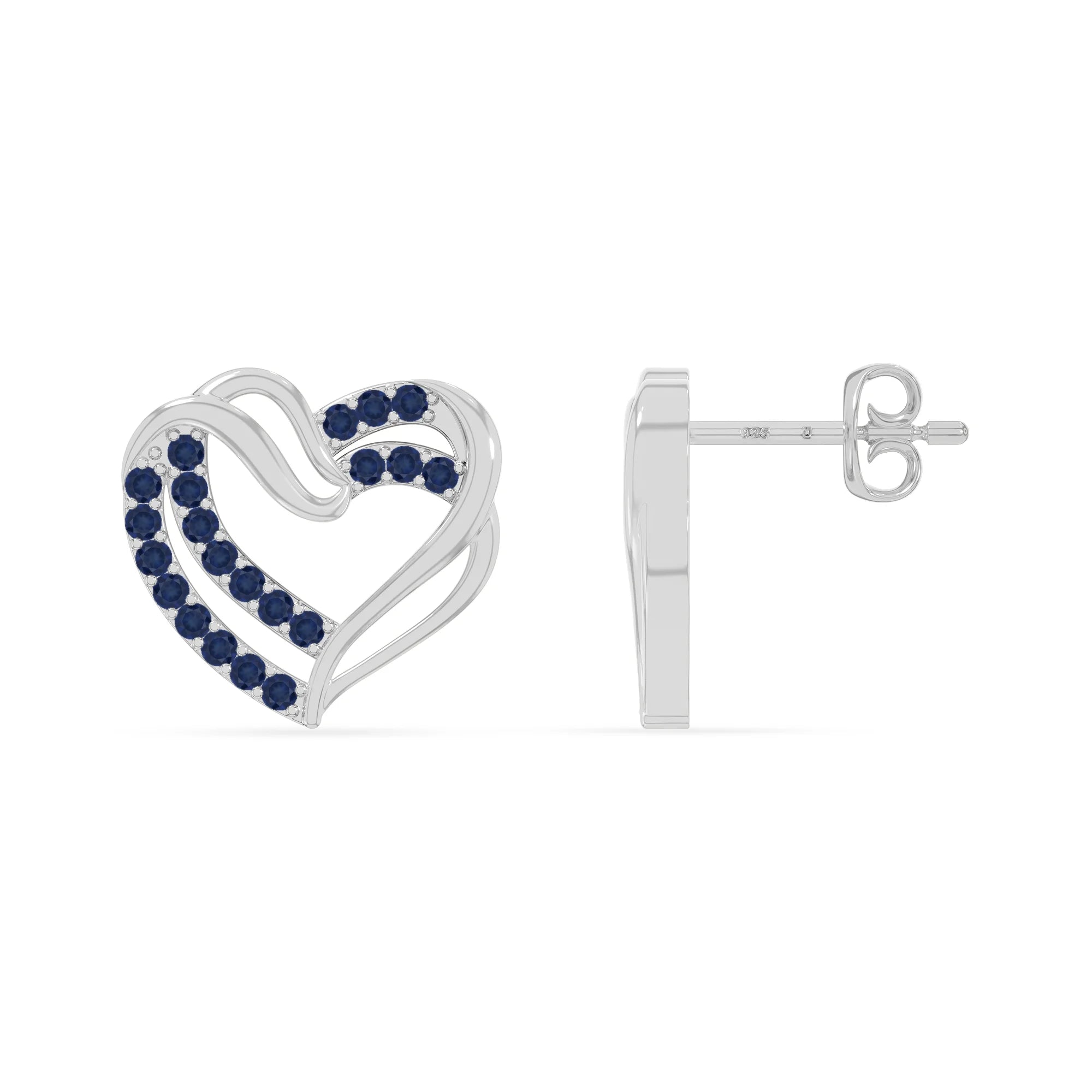 natural blue-sapphire heart-in-heart stud earrings in sterling silver 