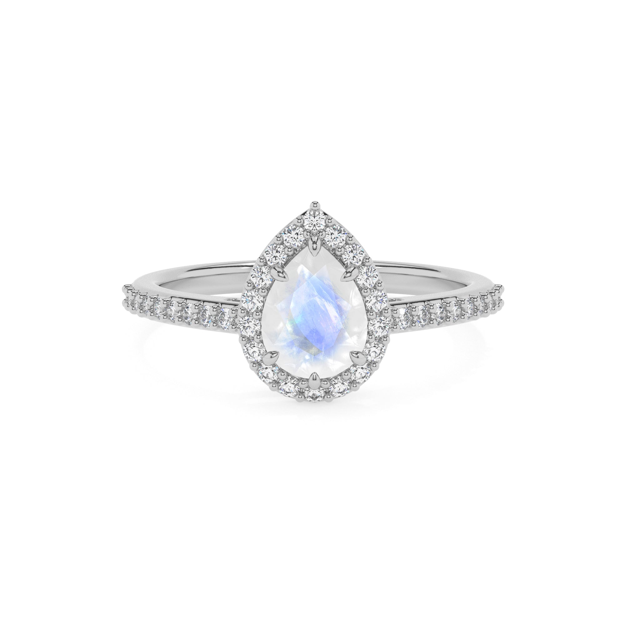 natural rainbow-moonstone pear half eterity halo solitaire engagement ring