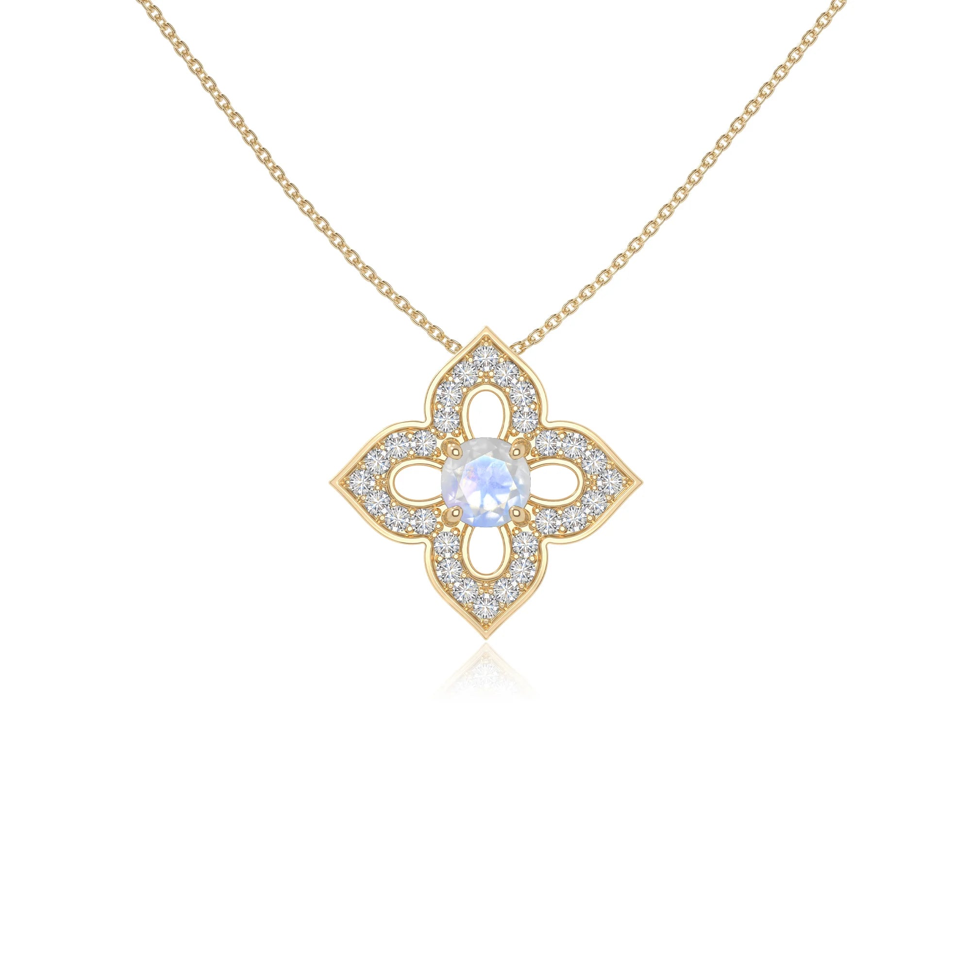 rainbow moonstone 4 petal flower necklaces in yellow gold vermeil 