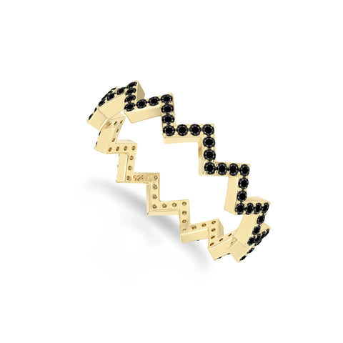 natural black onyx zig-zag wedding band rings in yellow gold vermeil
