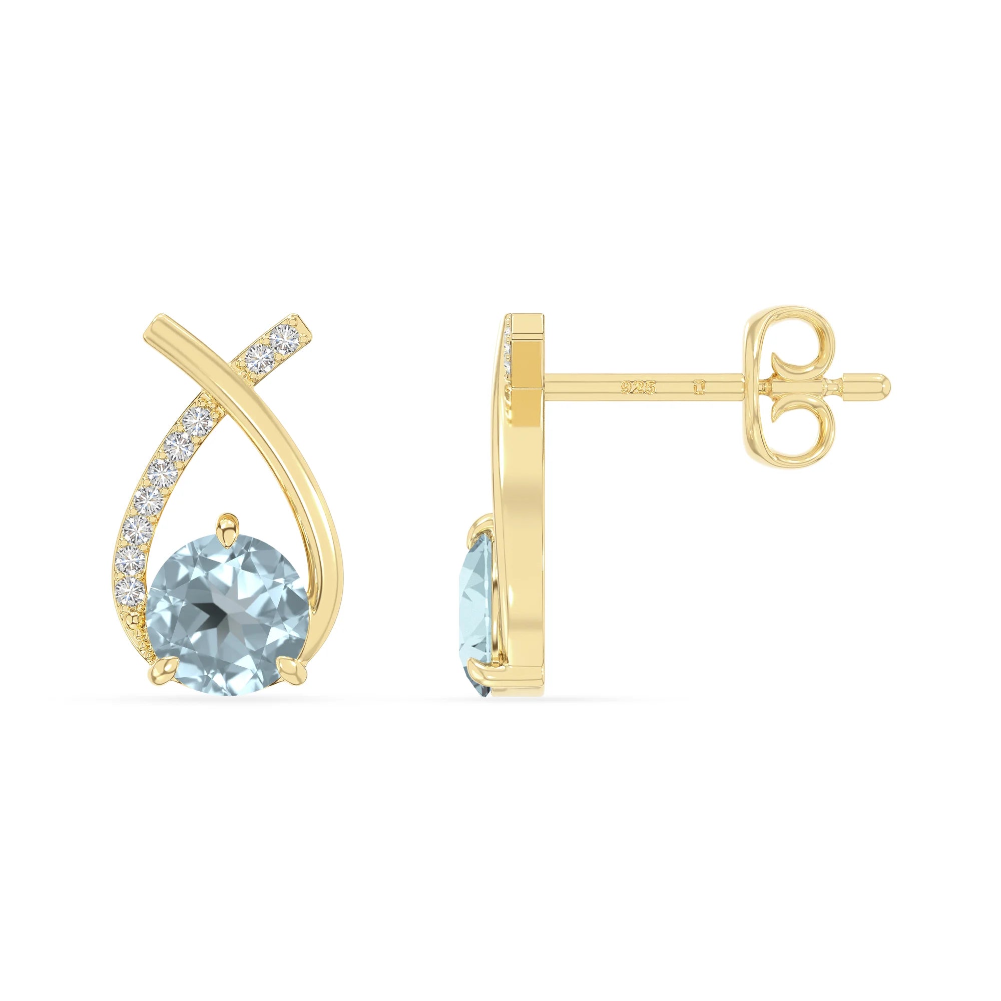 natural aquamarine fishtail stud earrings in yellow gold vermeil 