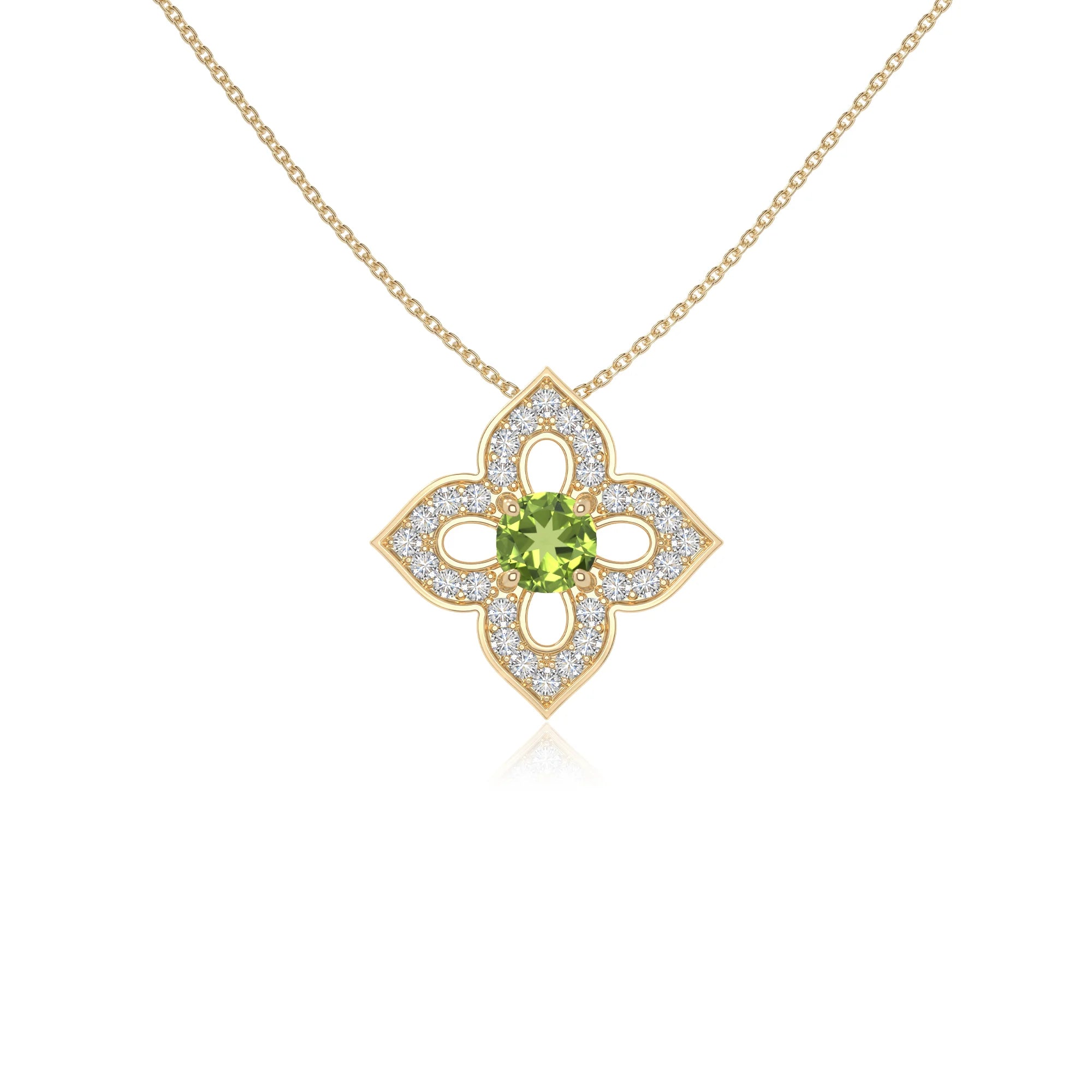 peridot 4 petal flower necklaces in yellow gold vermeil 
