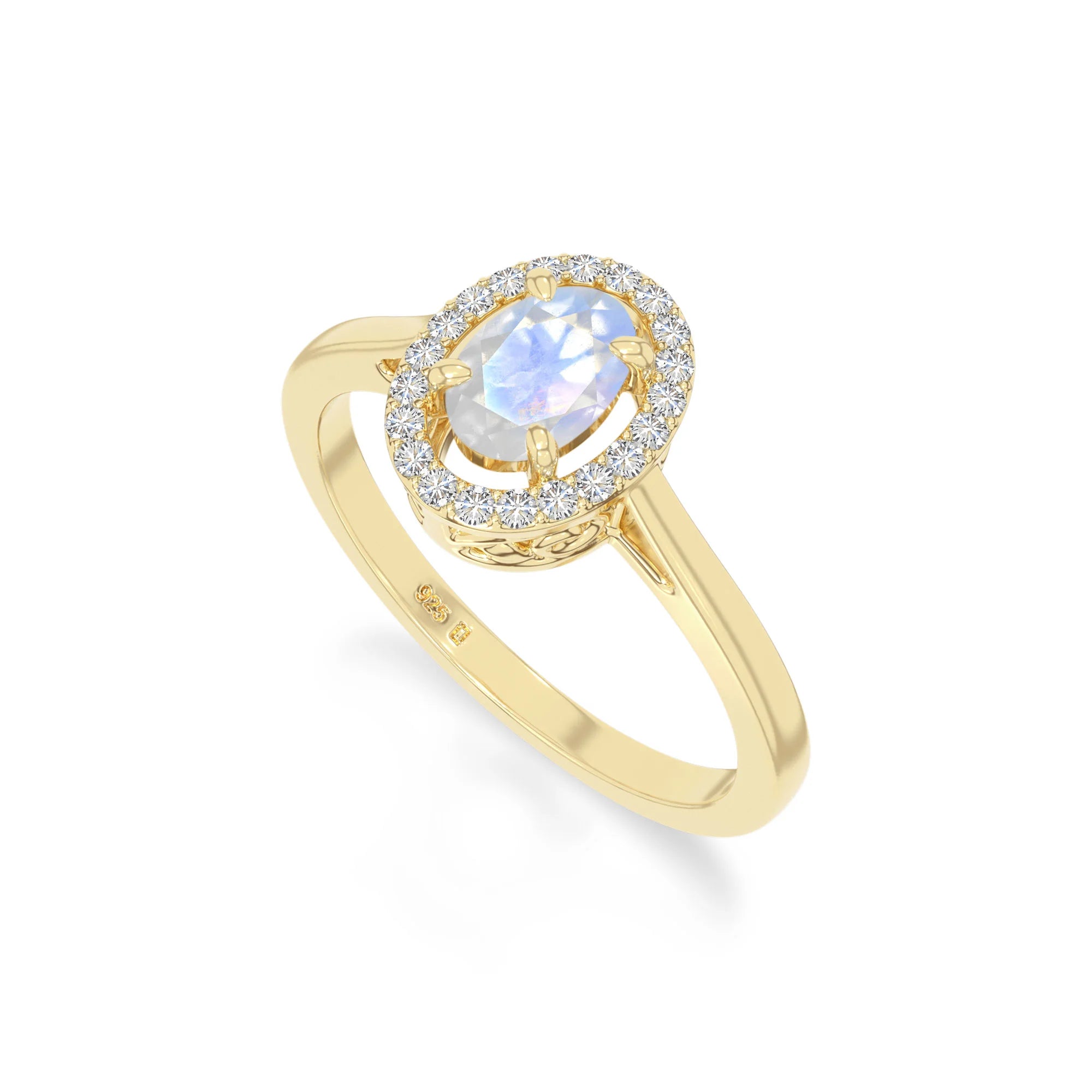 natural rainbow moonstone solitaire halo engagement rings in yellow gold vermeil