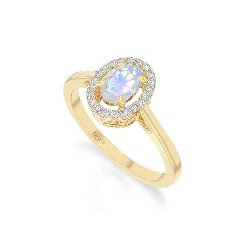 natural rainbow moonstone solitaire halo engagement rings in yellow gold vermeil