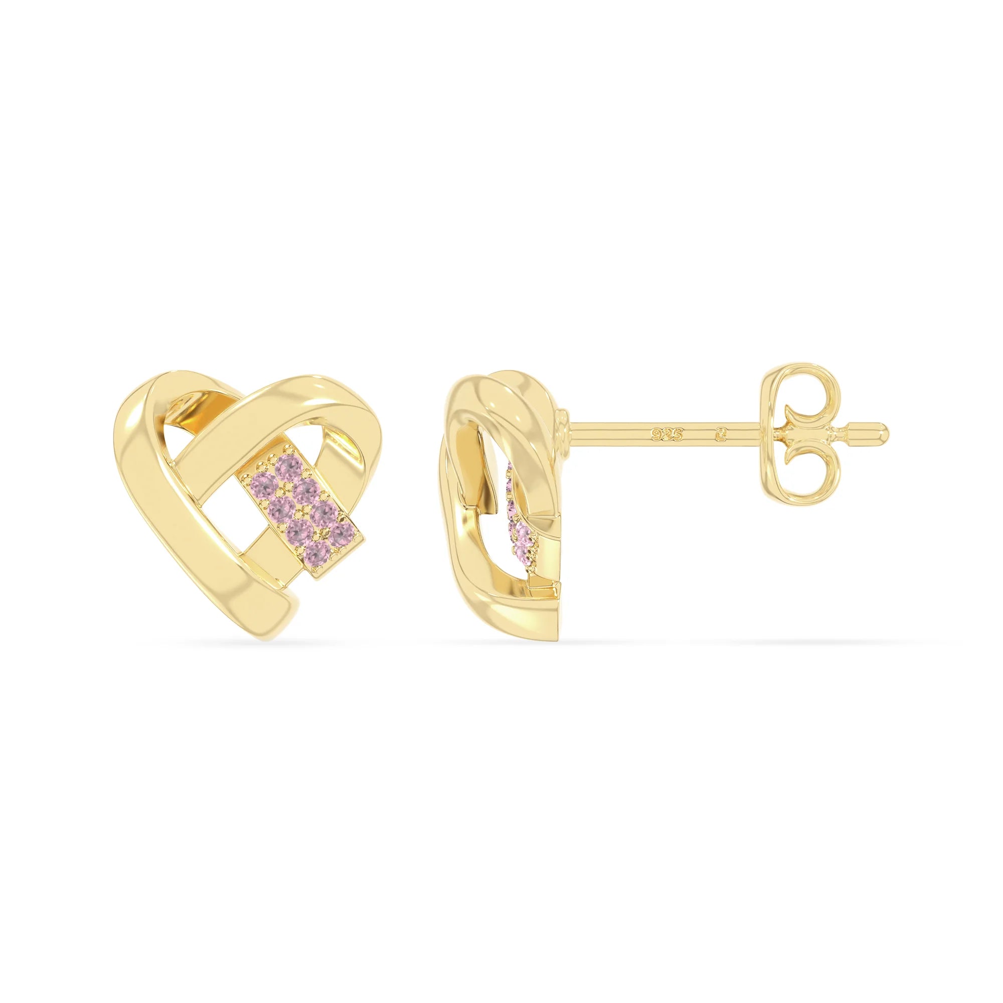natural pink-tourmaline ribbon-heart stud earrings in yellow gold vermeil 