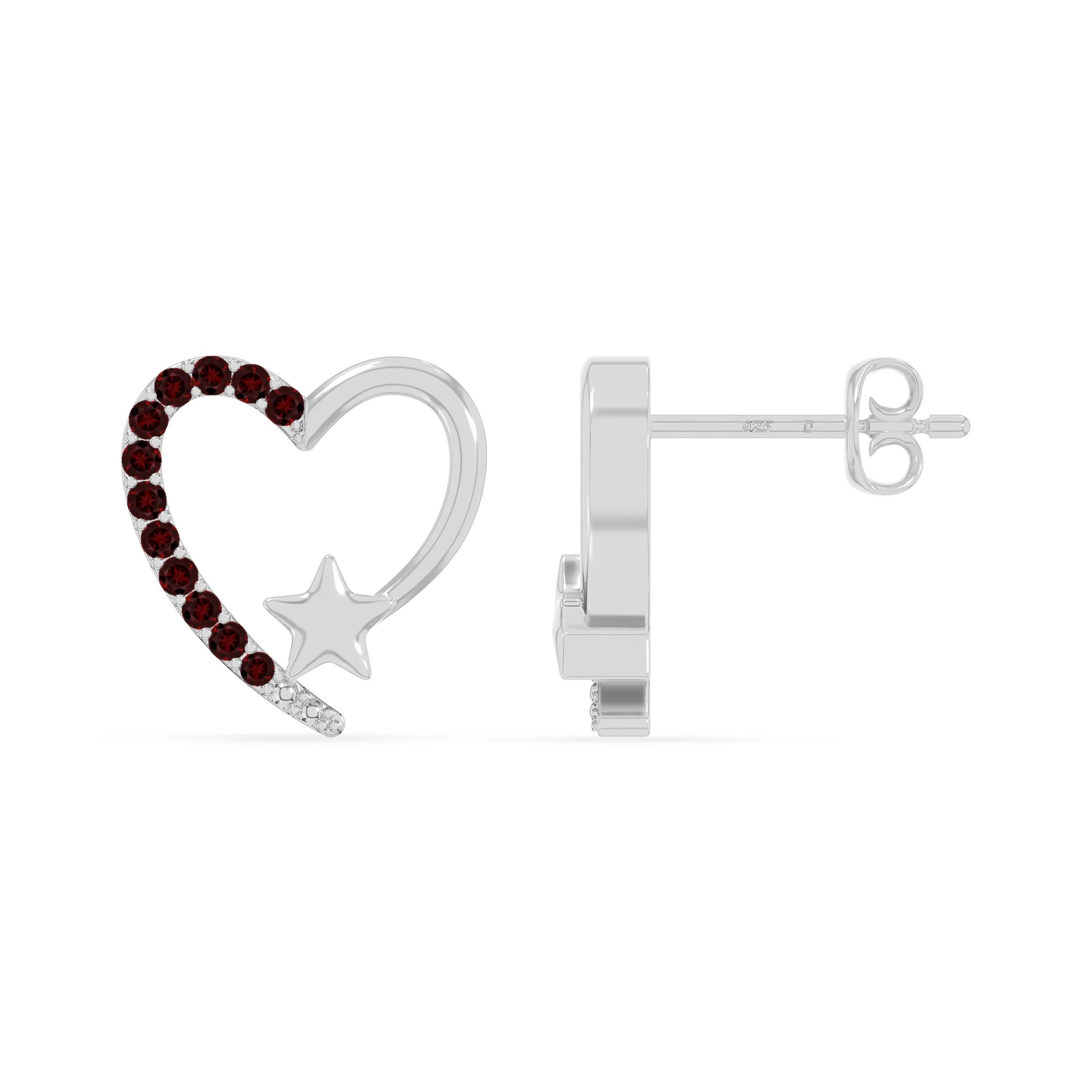 natural garnet heart-star stud earrings in sterling silver 