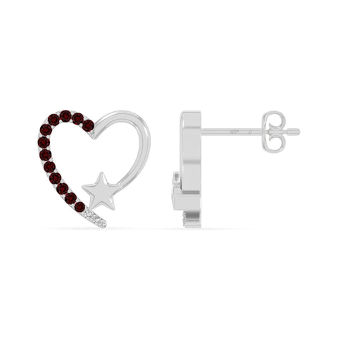 natural garnet heart-star stud earrings in sterling silver 