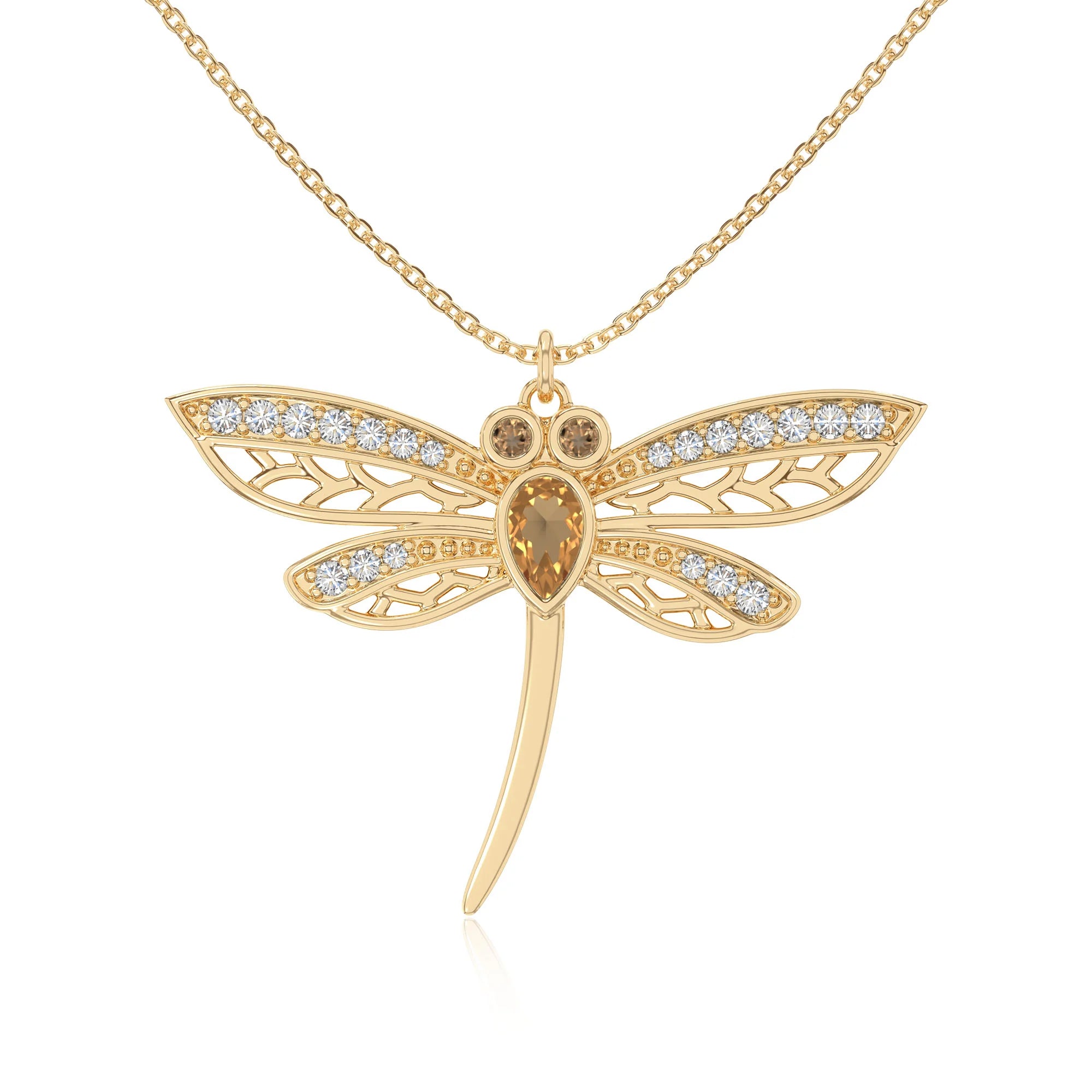 natural citrine dragonfly necklaces in yellow gold vermeil 